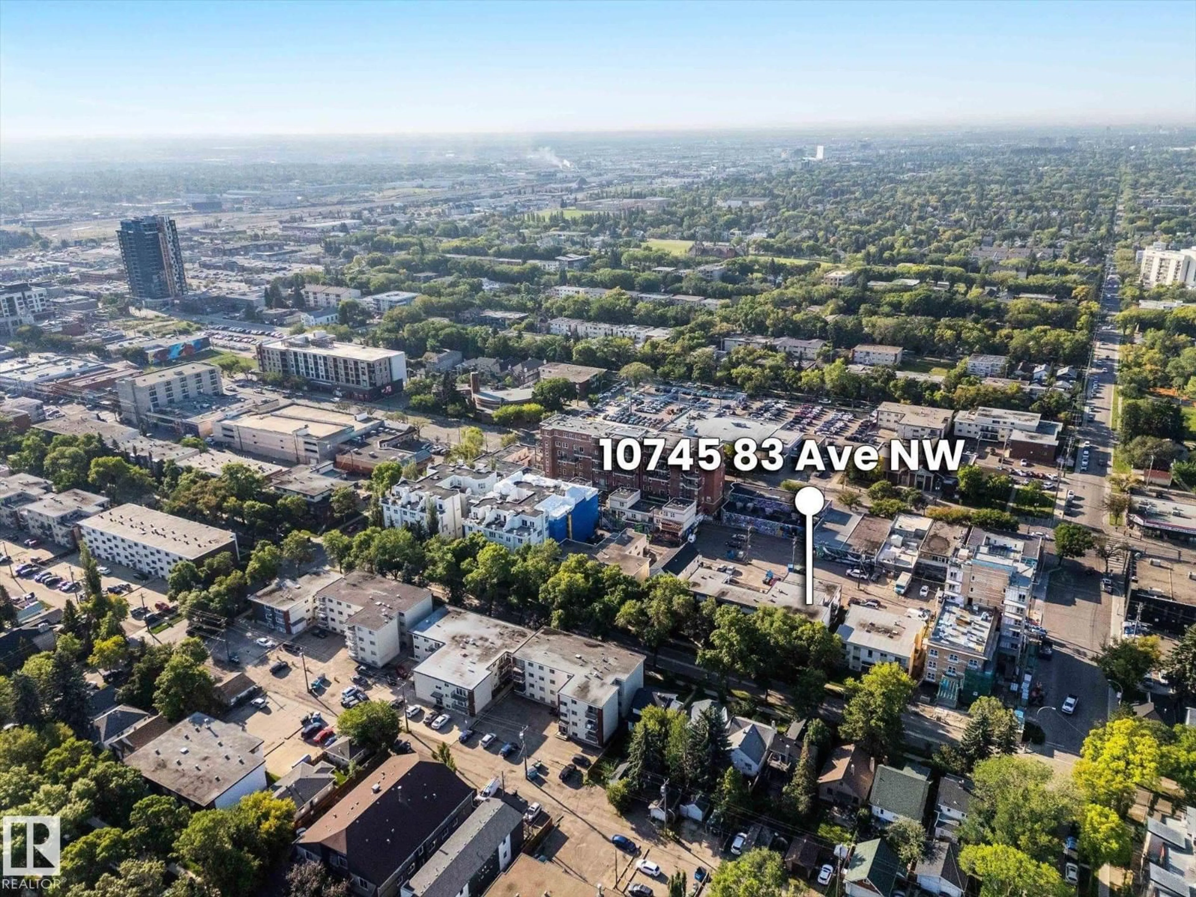 A pic from outside/outdoor area/front of a property/back of a property/a pic from drone, street for #204 - 10745 83 AV, Edmonton Alberta T6E2E5