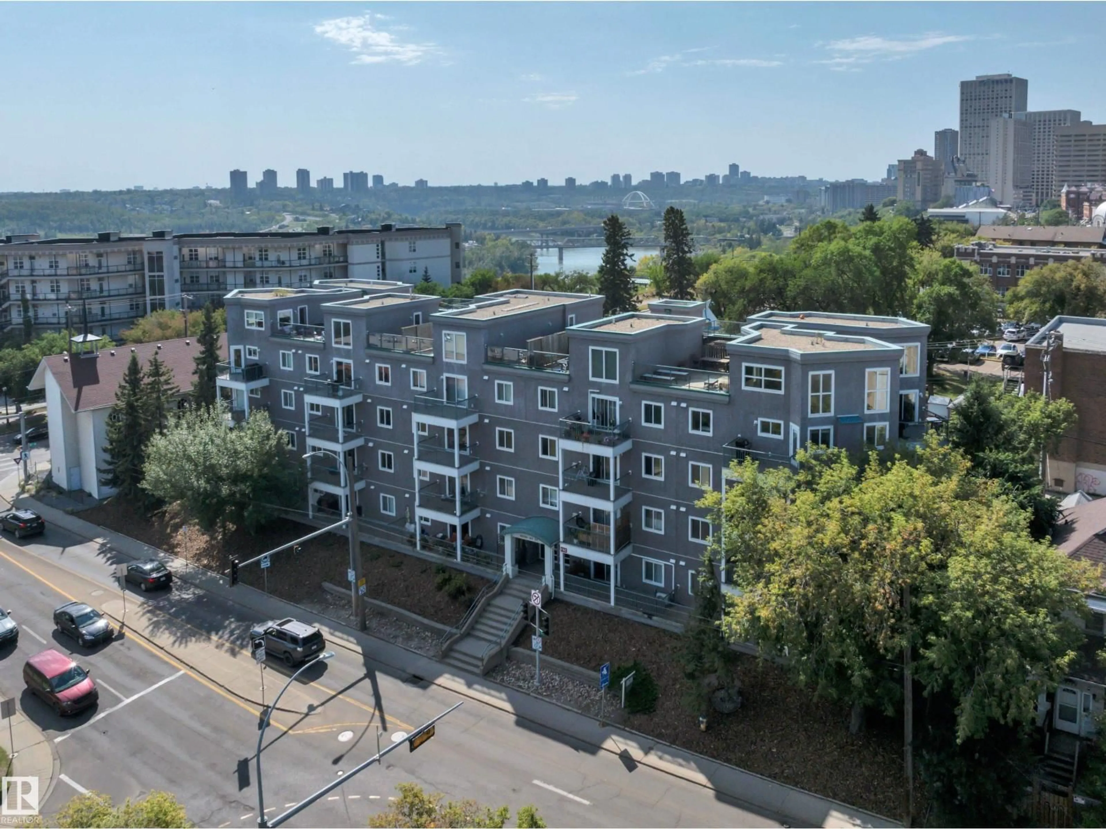 A pic from outside/outdoor area/front of a property/back of a property/a pic from drone, city buildings view from balcony for 408 - 10118 95 ST, Edmonton Alberta T5H4R6