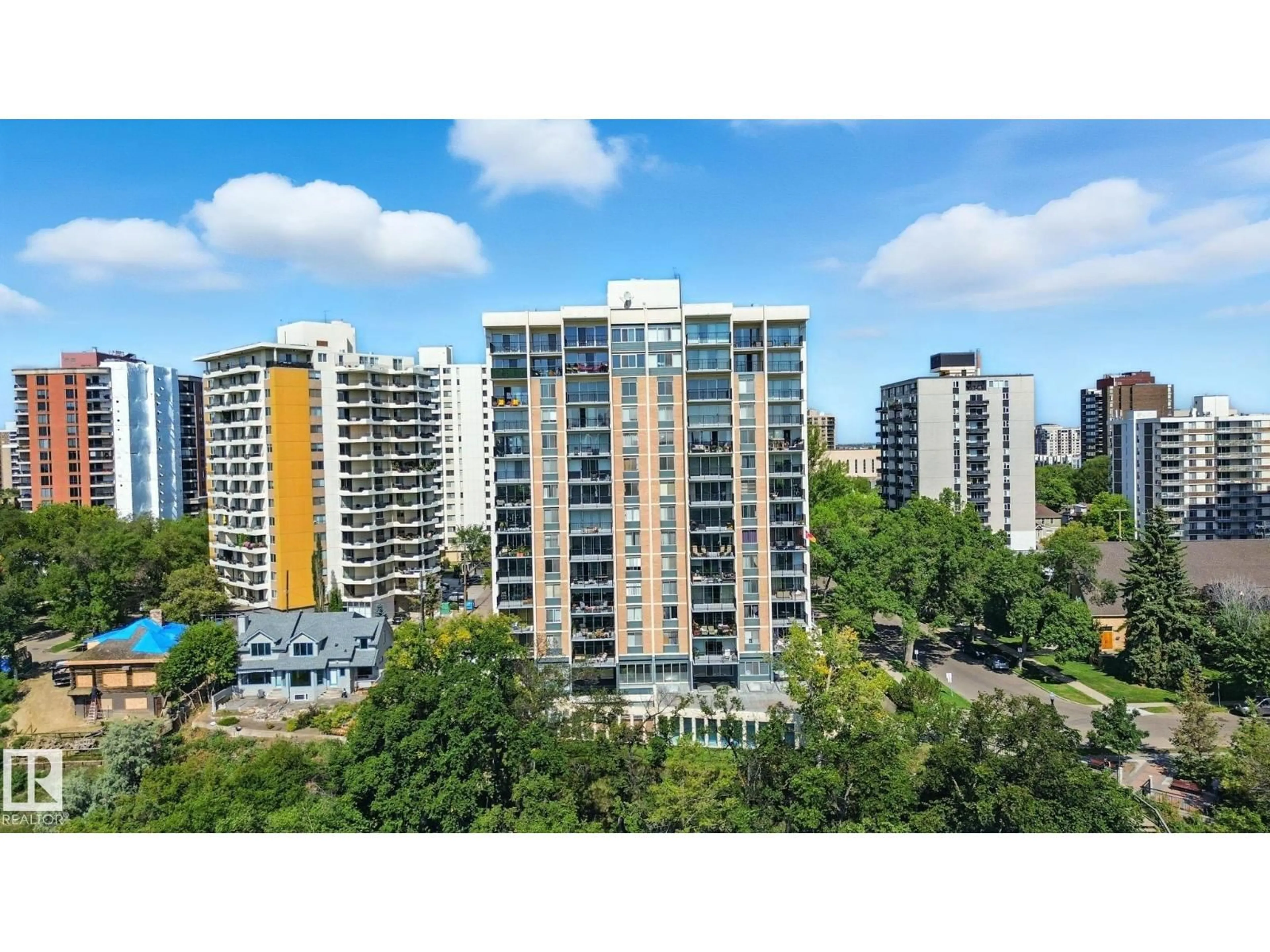 A pic from outside/outdoor area/front of a property/back of a property/a pic from drone, city buildings view from balcony for 703 - 9908 114 ST NW, Edmonton Alberta T5K1R1