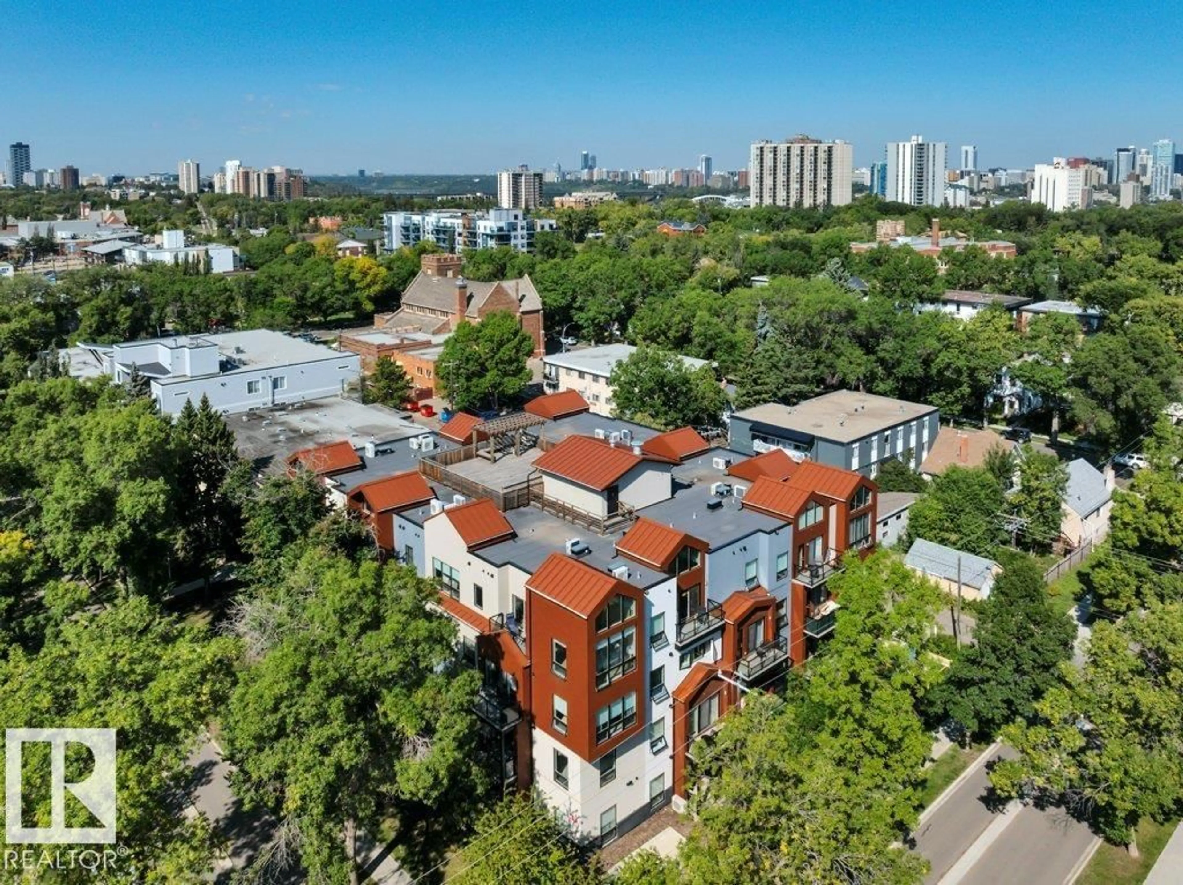 A pic from outside/outdoor area/front of a property/back of a property/a pic from drone, city buildings view from balcony for #201 - 10006 83 AV, Edmonton Alberta T6E2C2