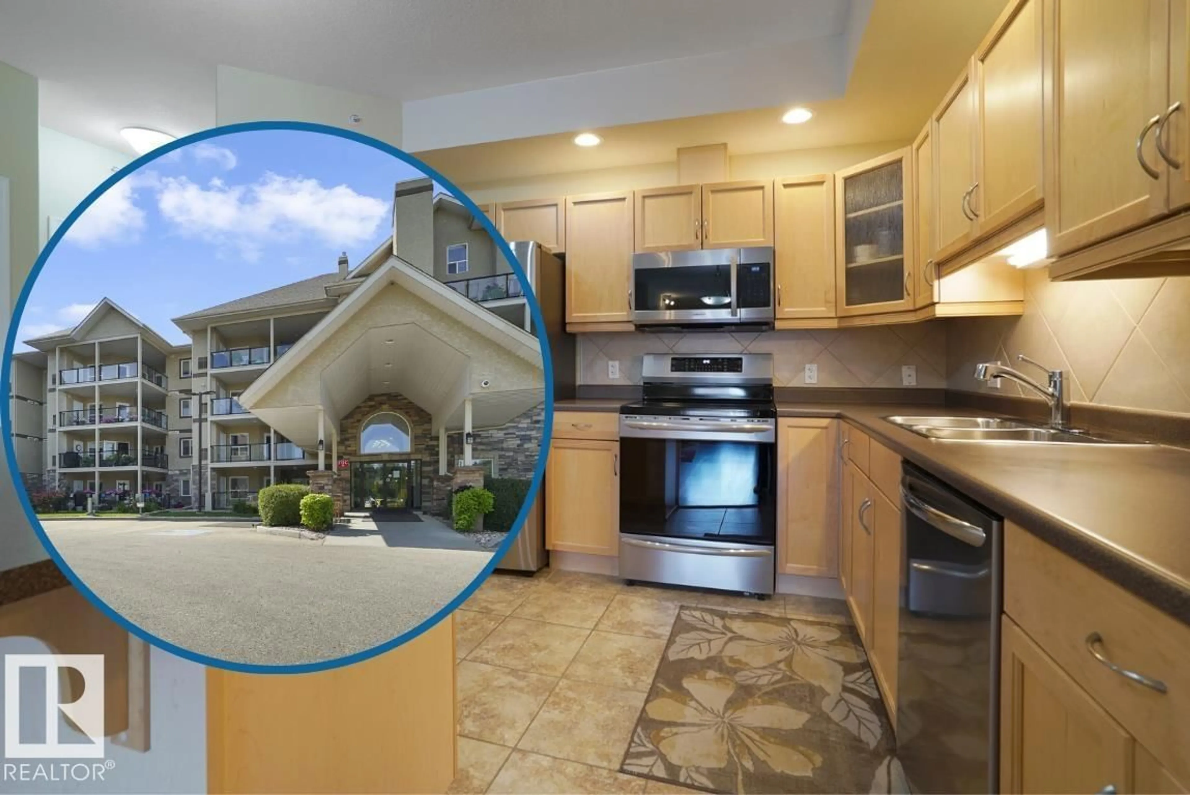Open concept kitchen, ceramic/tile floor for #402 - 1320 RUTHERFORD RD, Edmonton Alberta T6W0B6