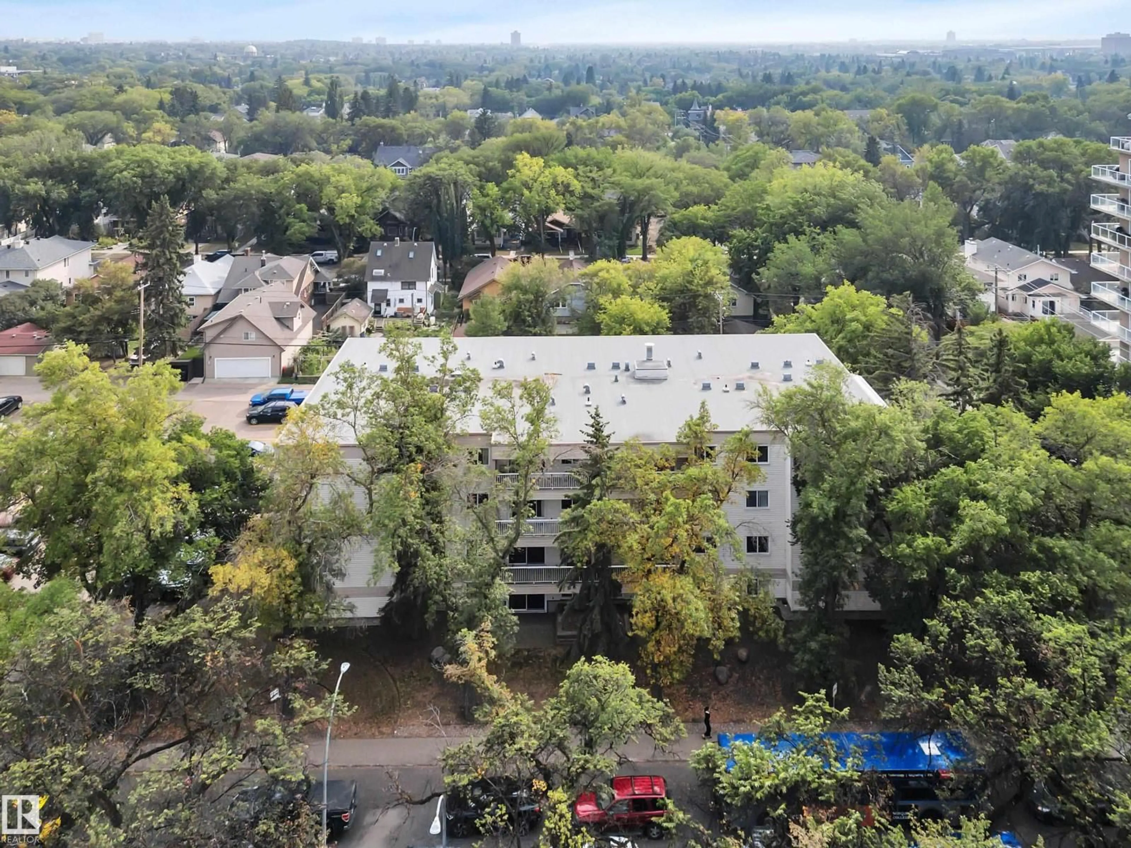 A pic from outside/outdoor area/front of a property/back of a property/a pic from drone, city buildings view from balcony for #102 - 8149 111 ST NW, Edmonton Alberta T6G2P1