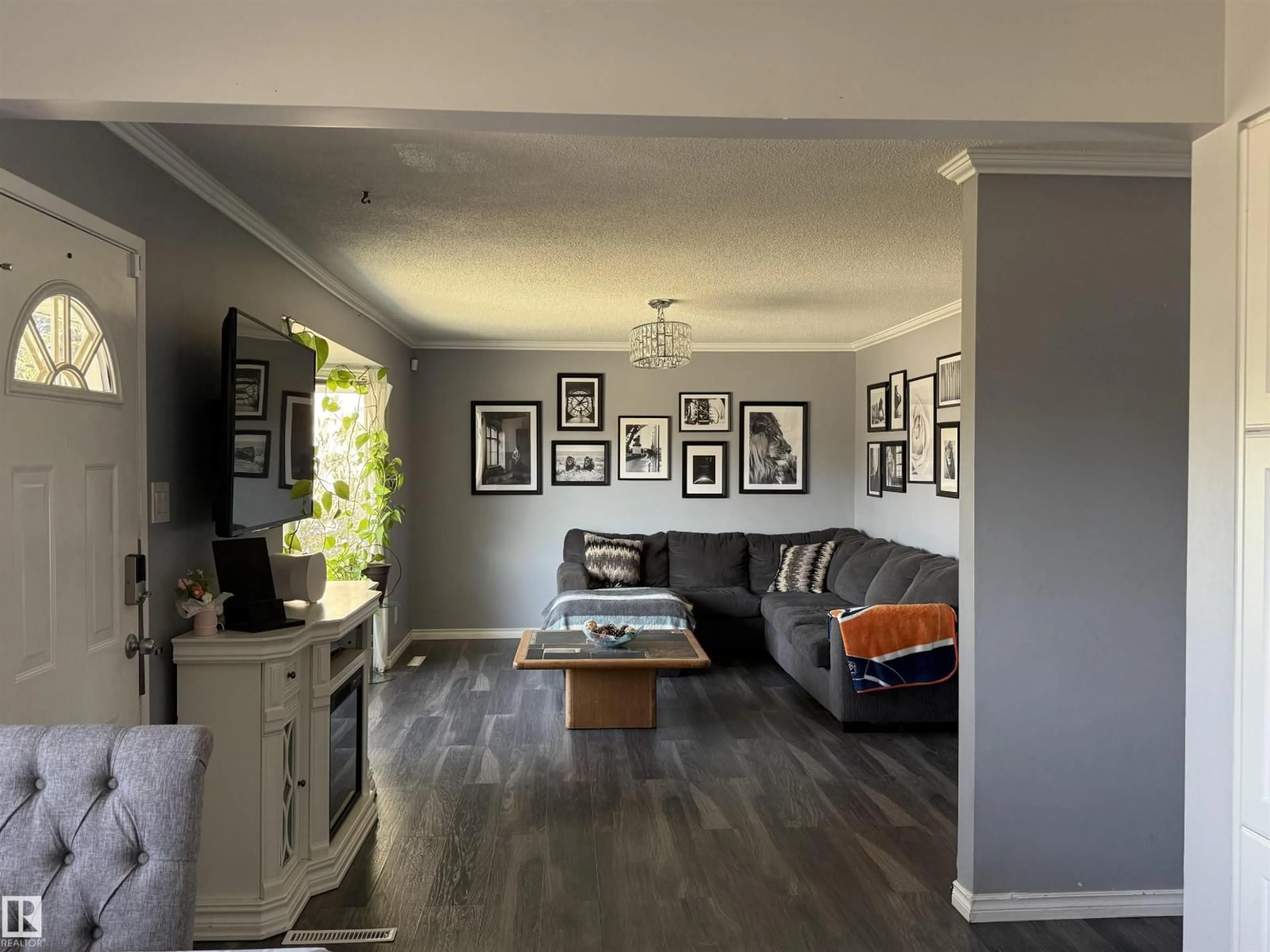 Living room with furniture, wood/laminate floor for 14919 96 ST, Edmonton Alberta T5E4B9