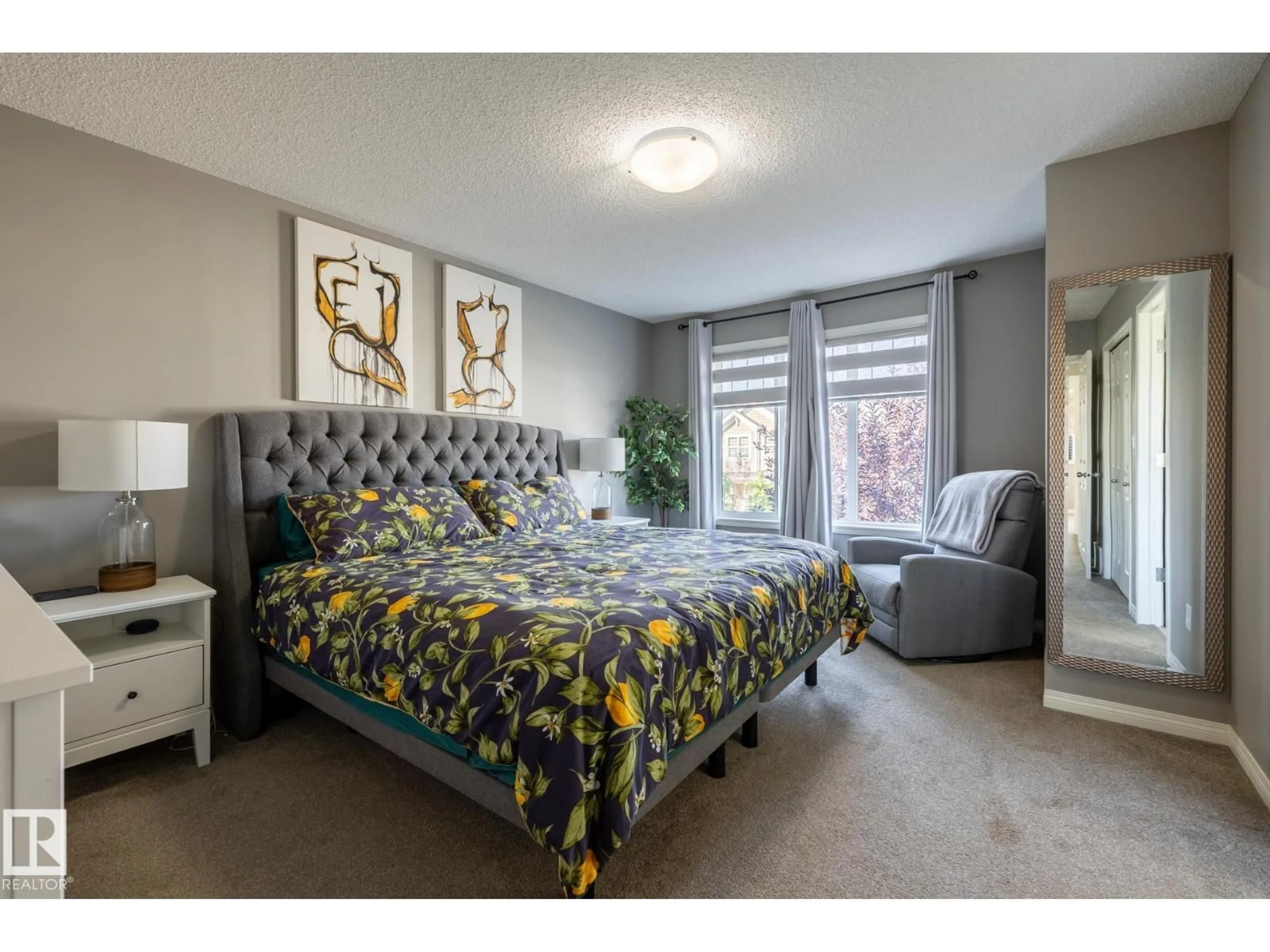 Bedroom with bed, carpet floor for SW - 2339 83 ST, Edmonton Alberta T6X2G8