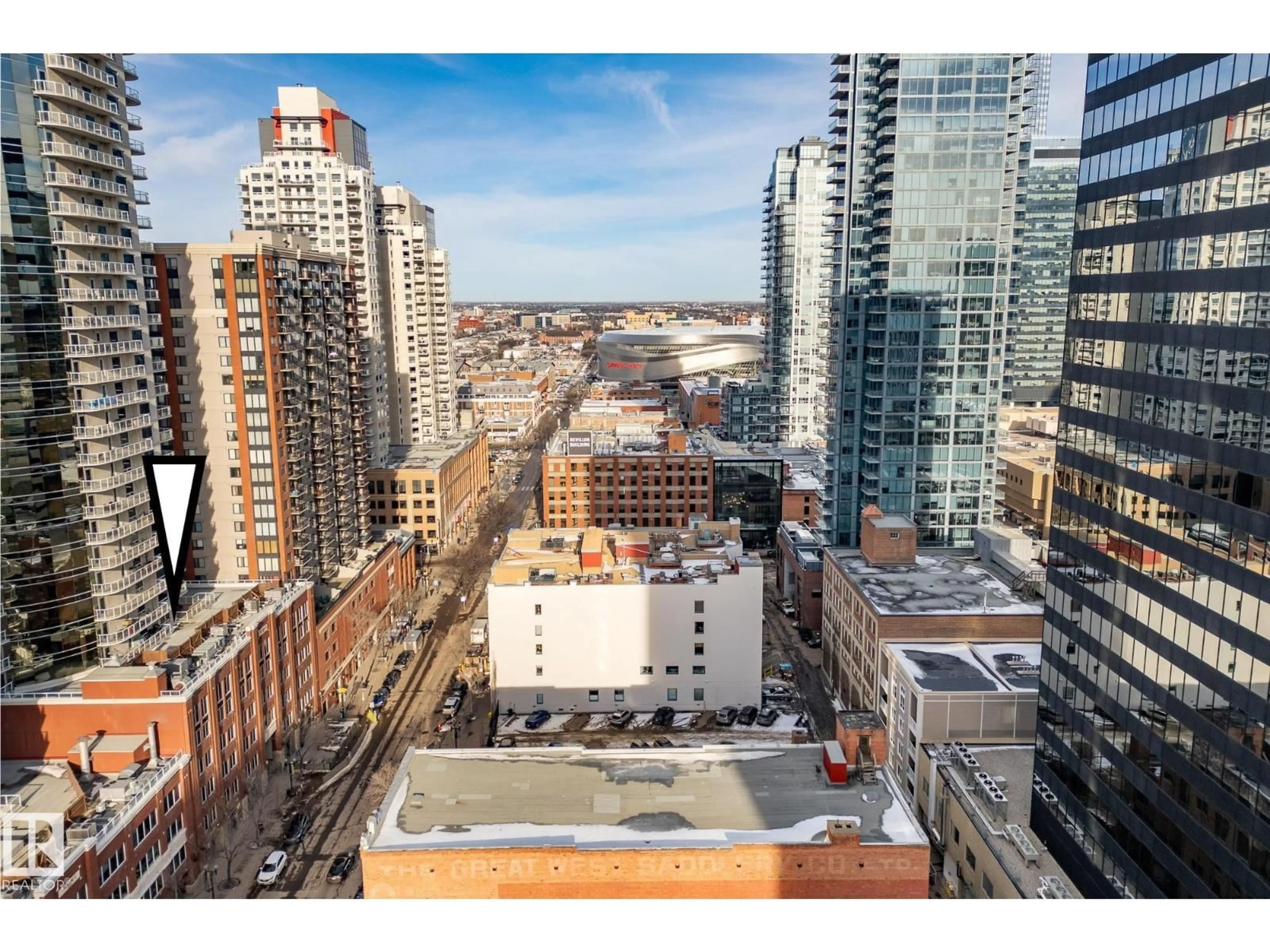 A pic from outside/outdoor area/front of a property/back of a property/a pic from drone, city buildings view from balcony for #703 - 10152 104 ST NW, Edmonton Alberta T5J0B6