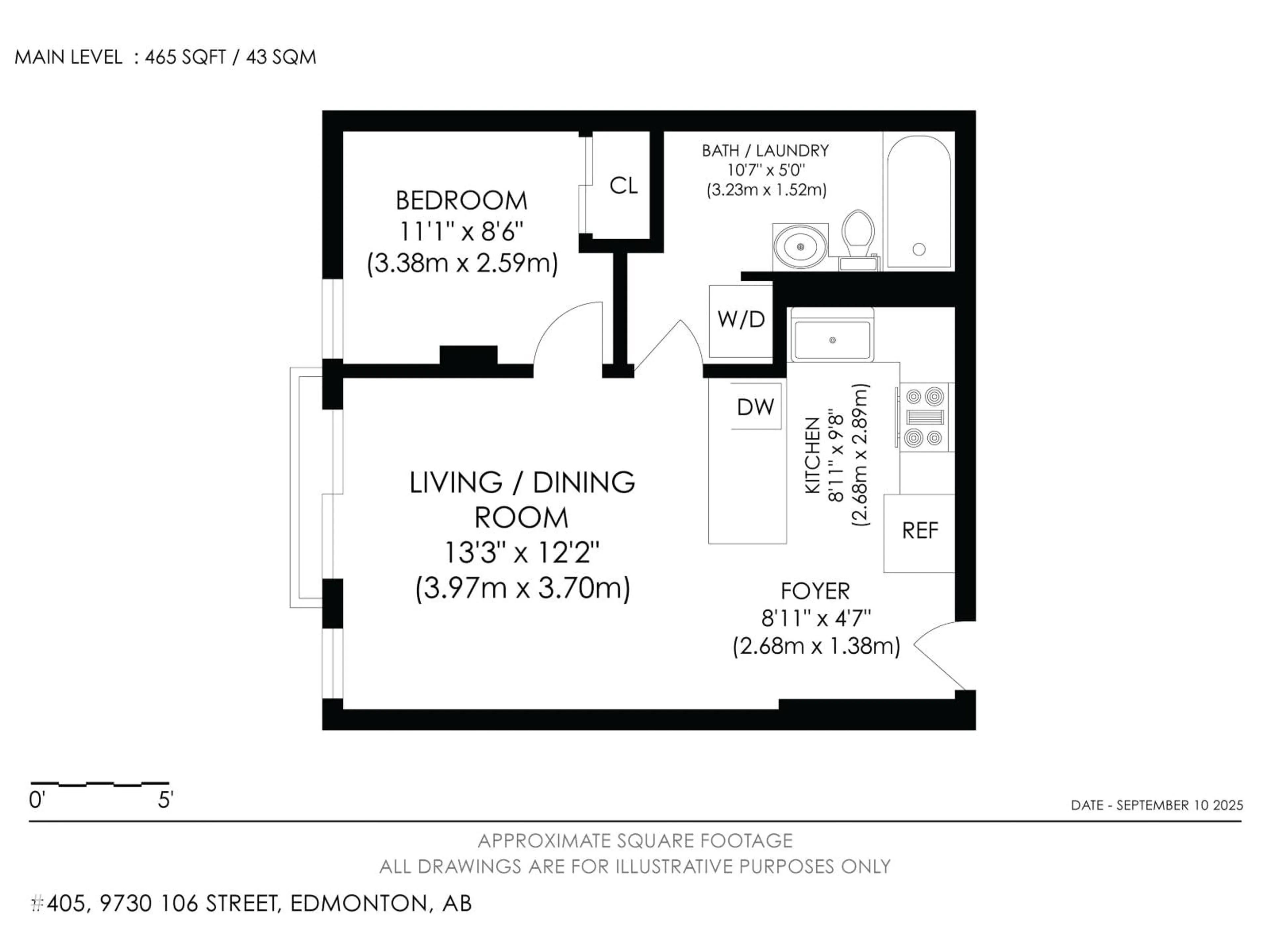 Floor plan for 405 - 9730 106 ST NW, Edmonton Alberta T5K1B7