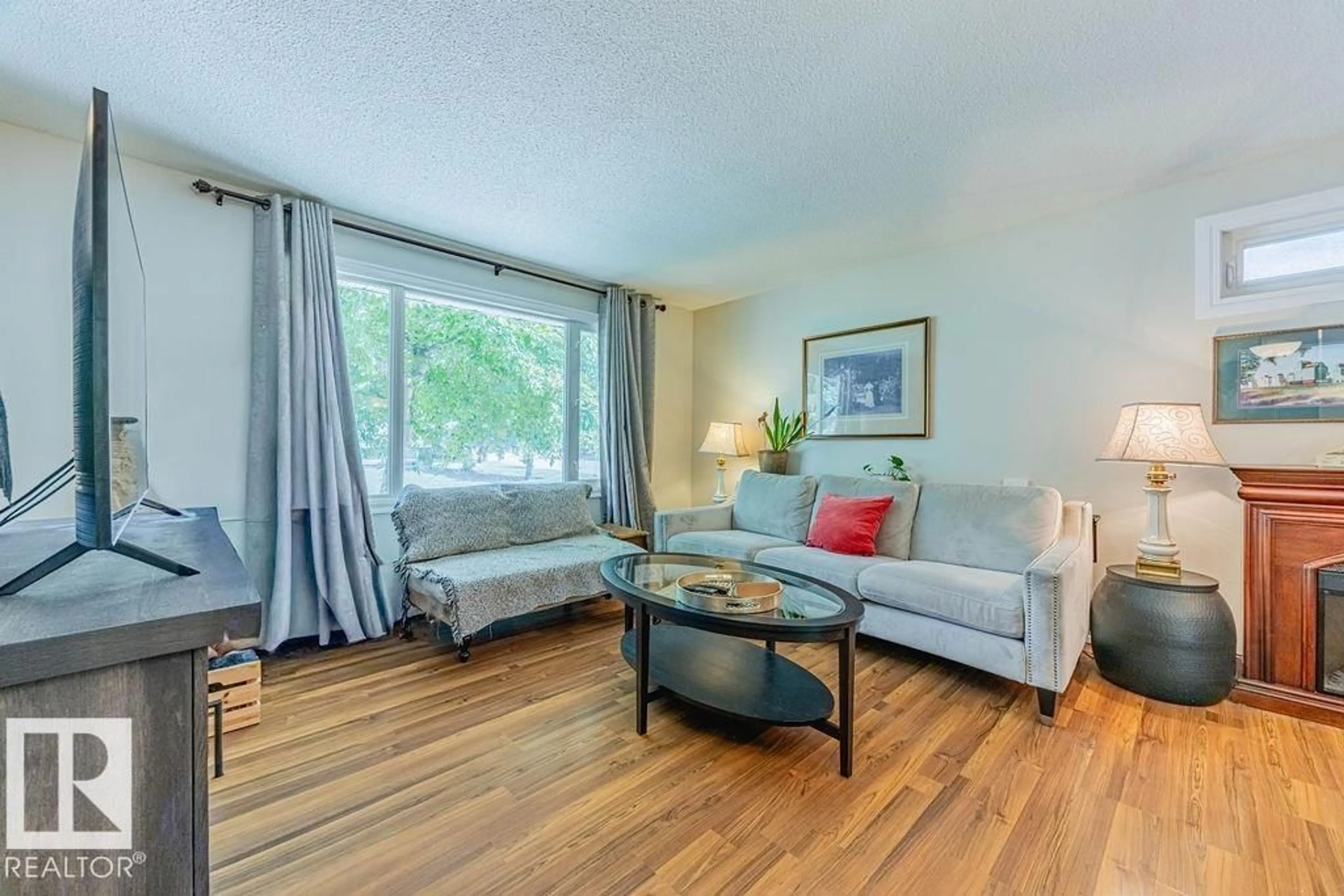 Living room with furniture, wood/laminate floor for 18 GLAMORGAN DR, Sherwood Park Alberta T8A2Y4