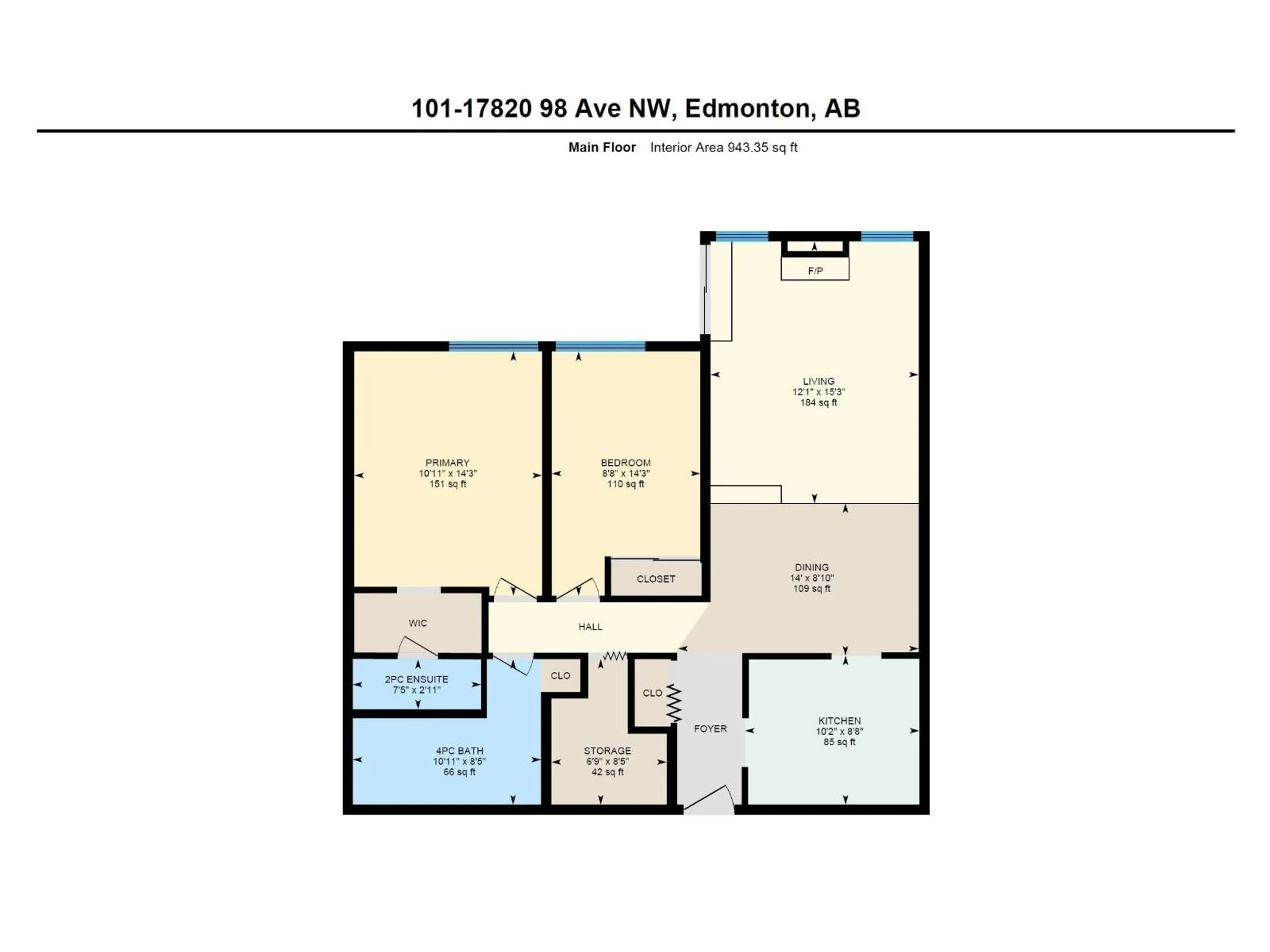 Floor plan for #101 - 17820 98 AV, Edmonton Alberta T5T3H5