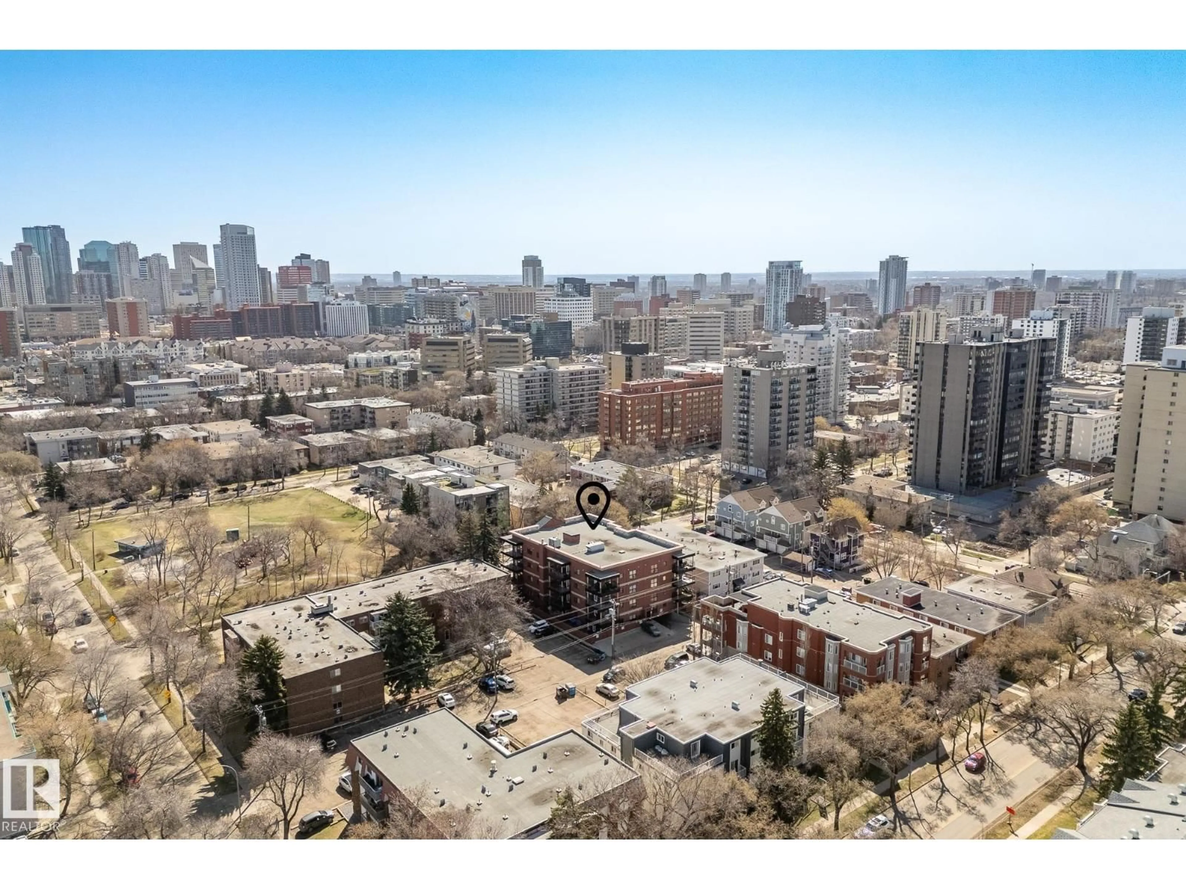 A pic from outside/outdoor area/front of a property/back of a property/a pic from drone, city buildings view from balcony for #104 - 10232 115 ST, Edmonton Alberta T5K1T8