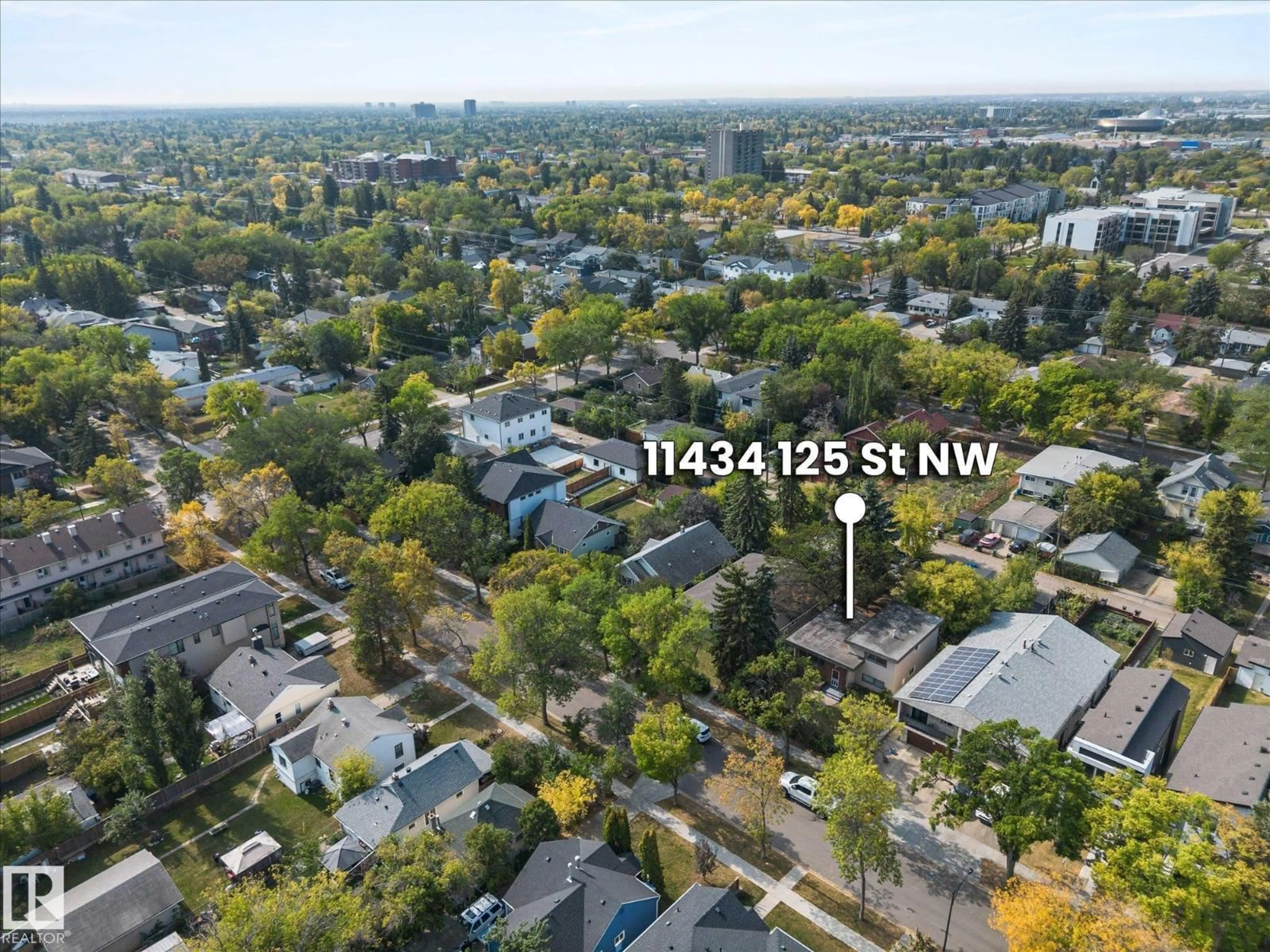 A pic from outside/outdoor area/front of a property/back of a property/a pic from drone, city buildings view from balcony for 11434 125 ST, Edmonton Alberta T5M0M9