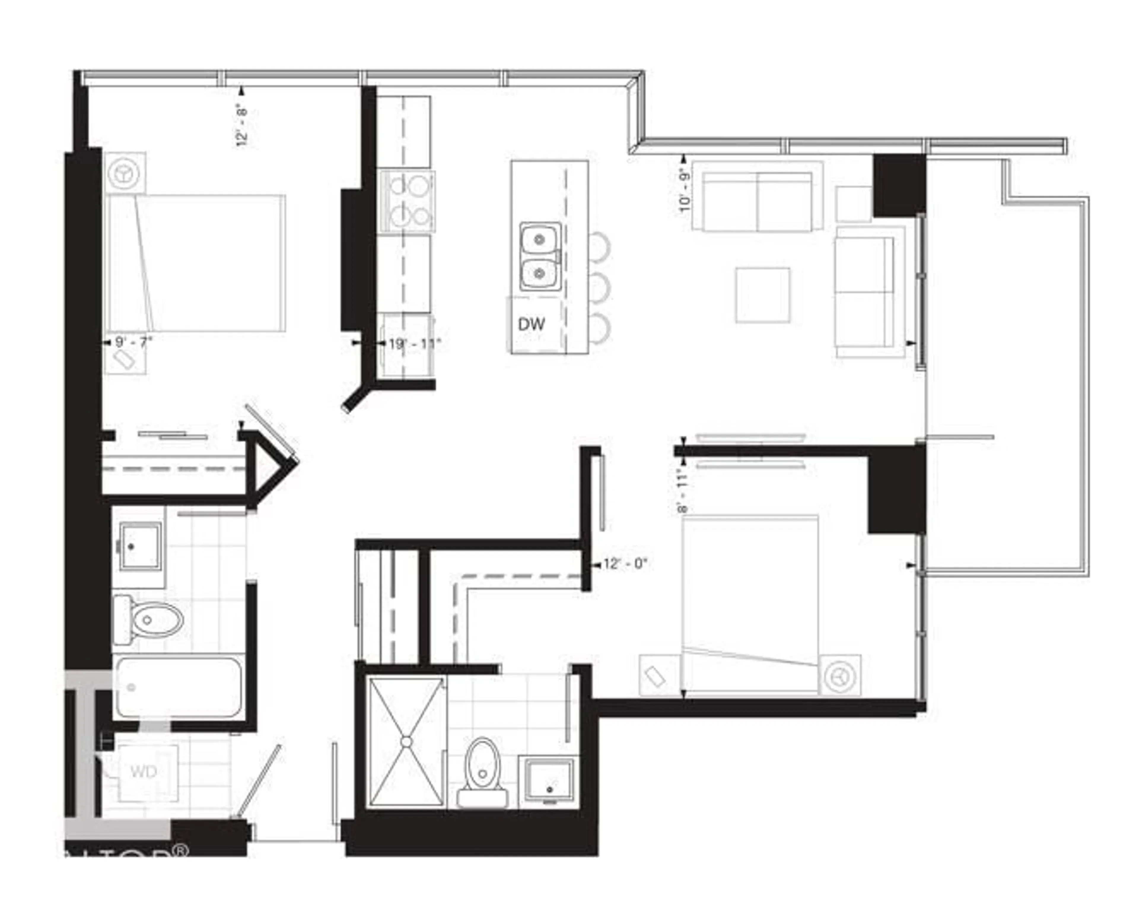 Floor plan for 2303 - 10180 103 ST NW, Edmonton Alberta T5J0L1