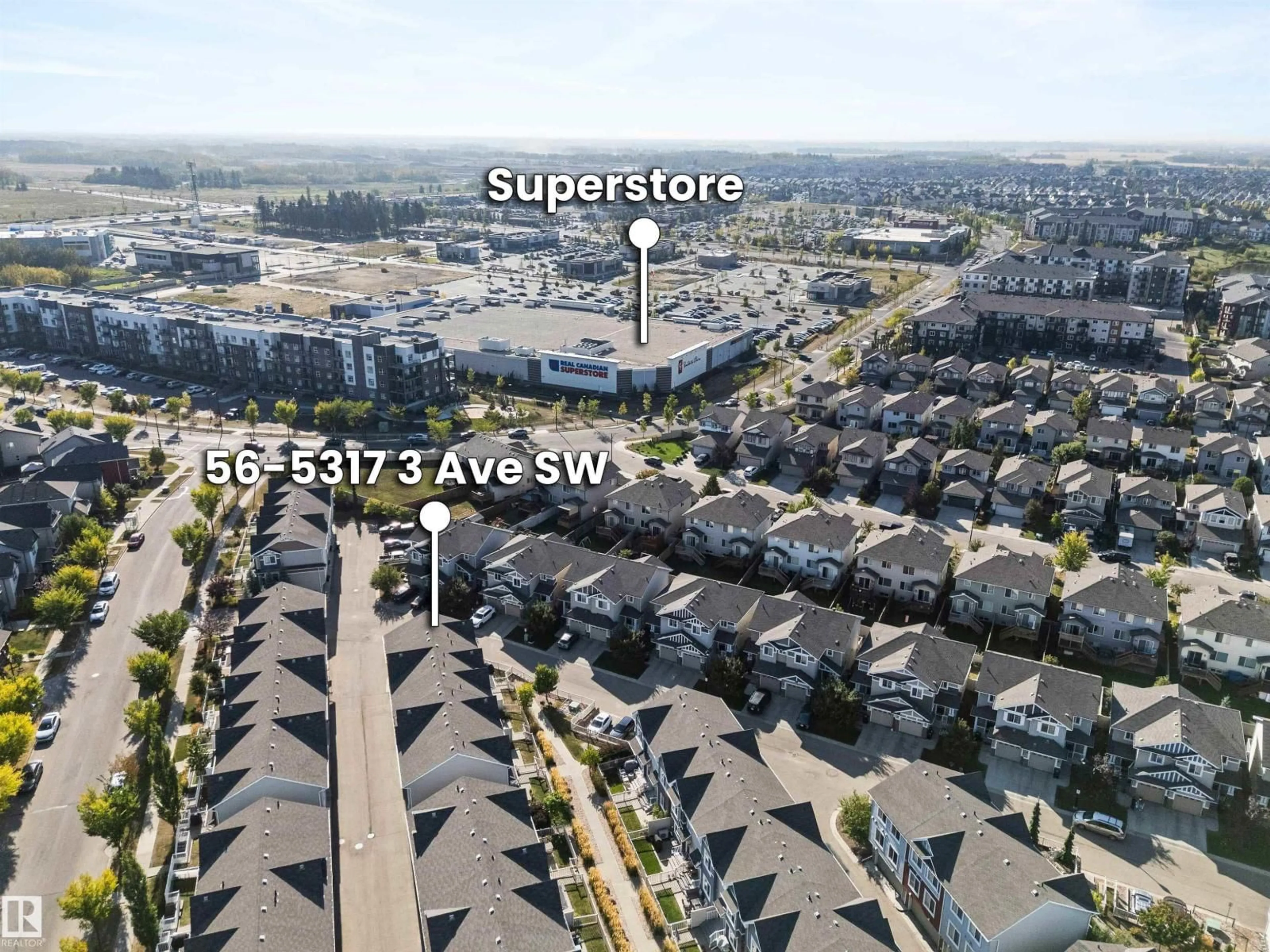 A pic from outside/outdoor area/front of a property/back of a property/a pic from drone, street for 56 5317 3 AV SW, Edmonton Alberta T6X0W7