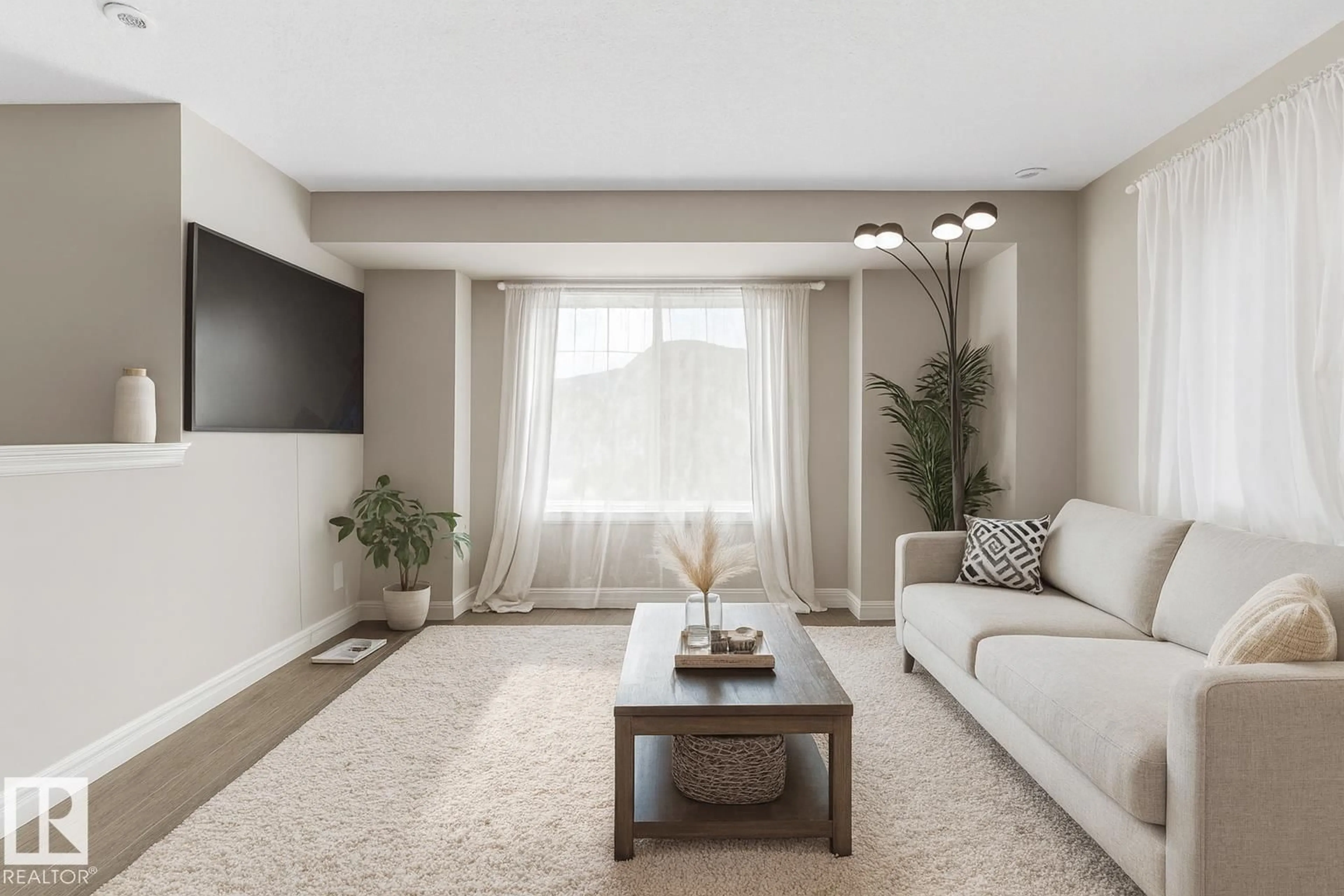 Living room with furniture, carpet floor for 56 5317 3 AV SW, Edmonton Alberta T6X0W7