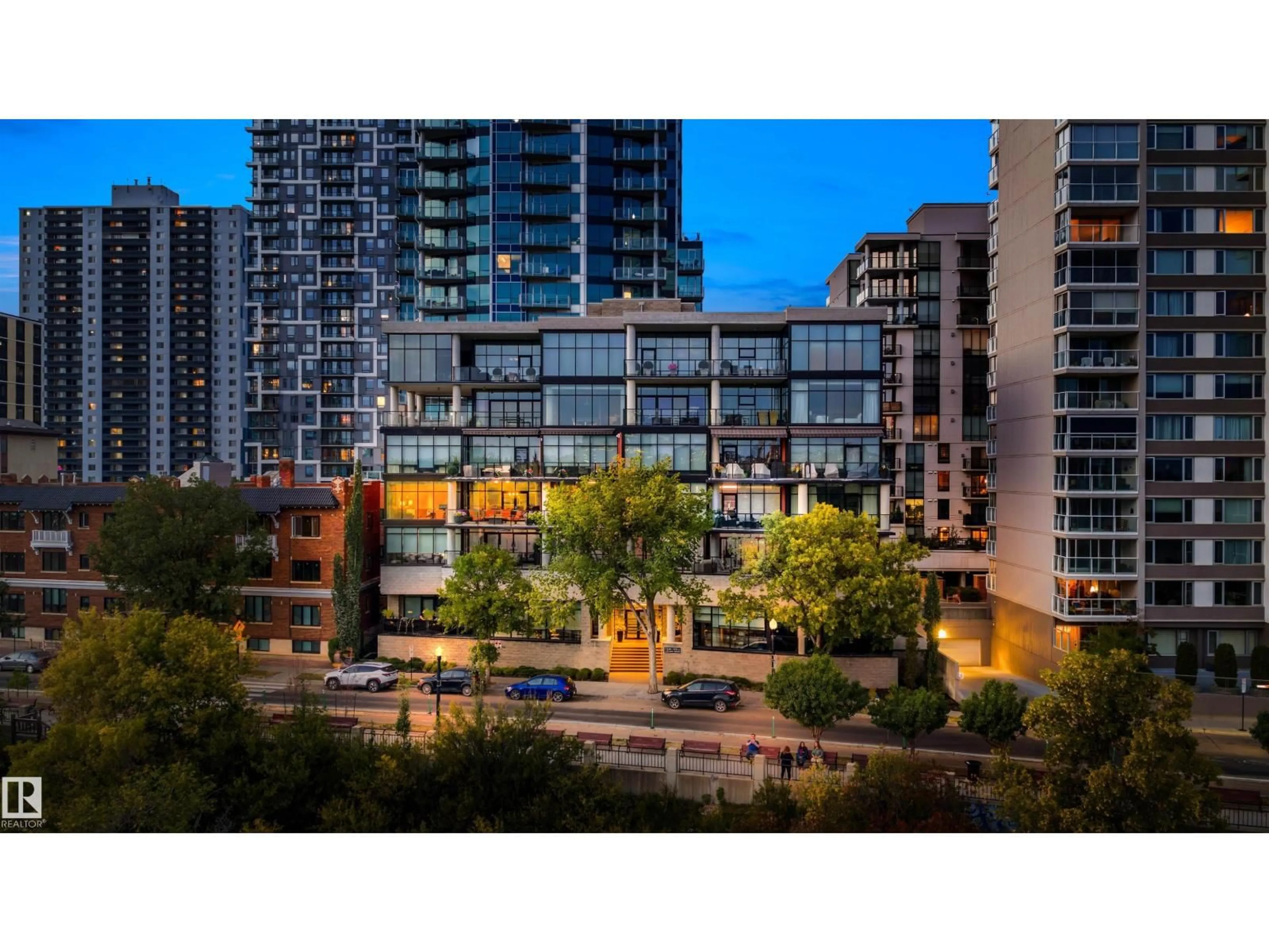 Patio, city buildings view from balcony for #301 - 11930 100 AV, Edmonton Alberta T5K0K5