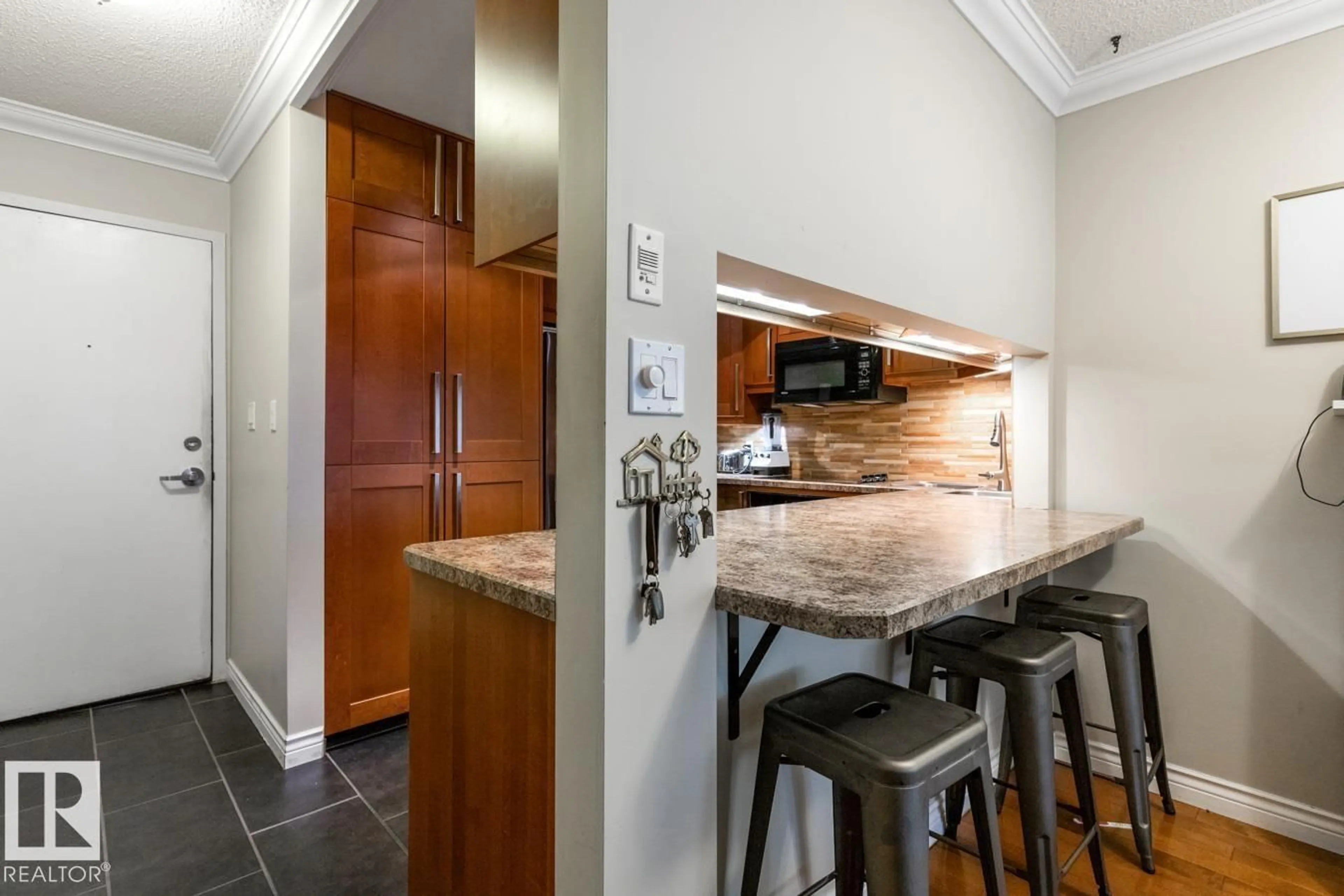 Open concept kitchen, ceramic/tile floor for #410 - 10139 117 ST, Edmonton Alberta T5K2L3