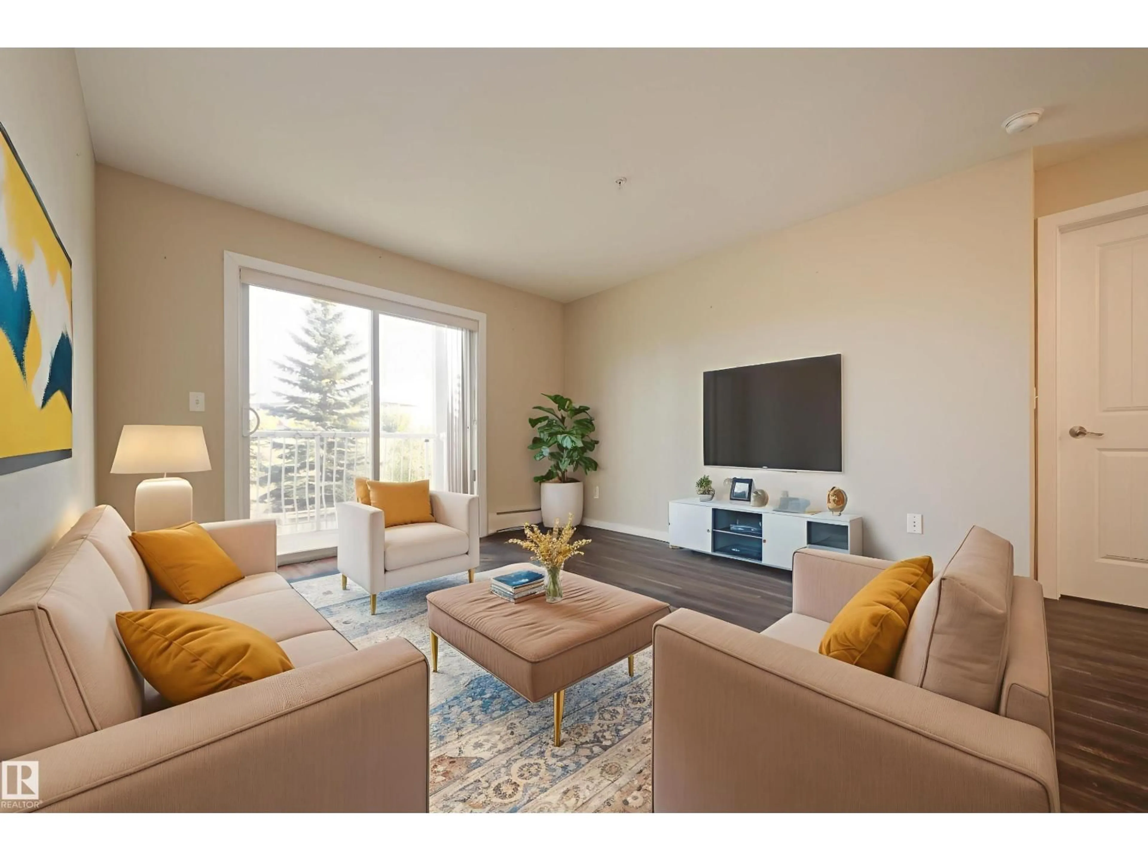 Living room with furniture, wood/laminate floor for 216 - 240 SPRUCE RIDGE RD, Spruce Grove Alberta T7X2J7