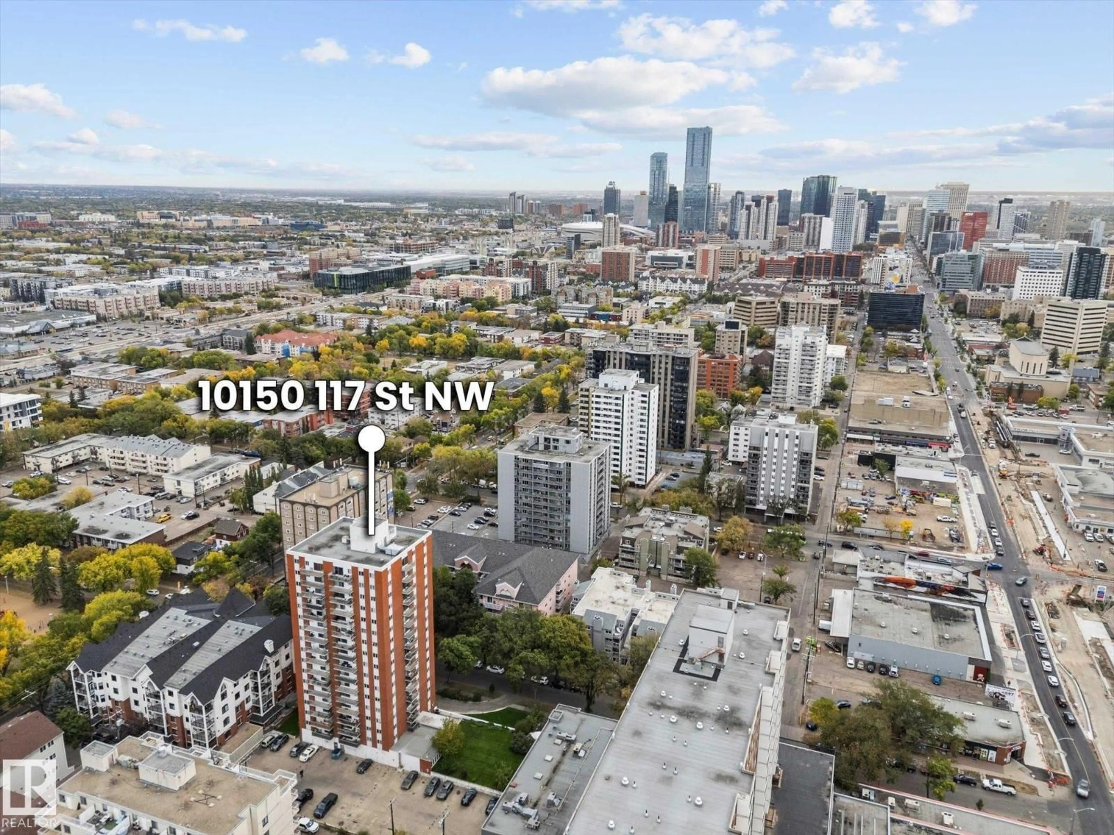 A pic from outside/outdoor area/front of a property/back of a property/a pic from drone, city buildings view from balcony for 10150 - 1202 117 ST, Edmonton Alberta T5K2J2