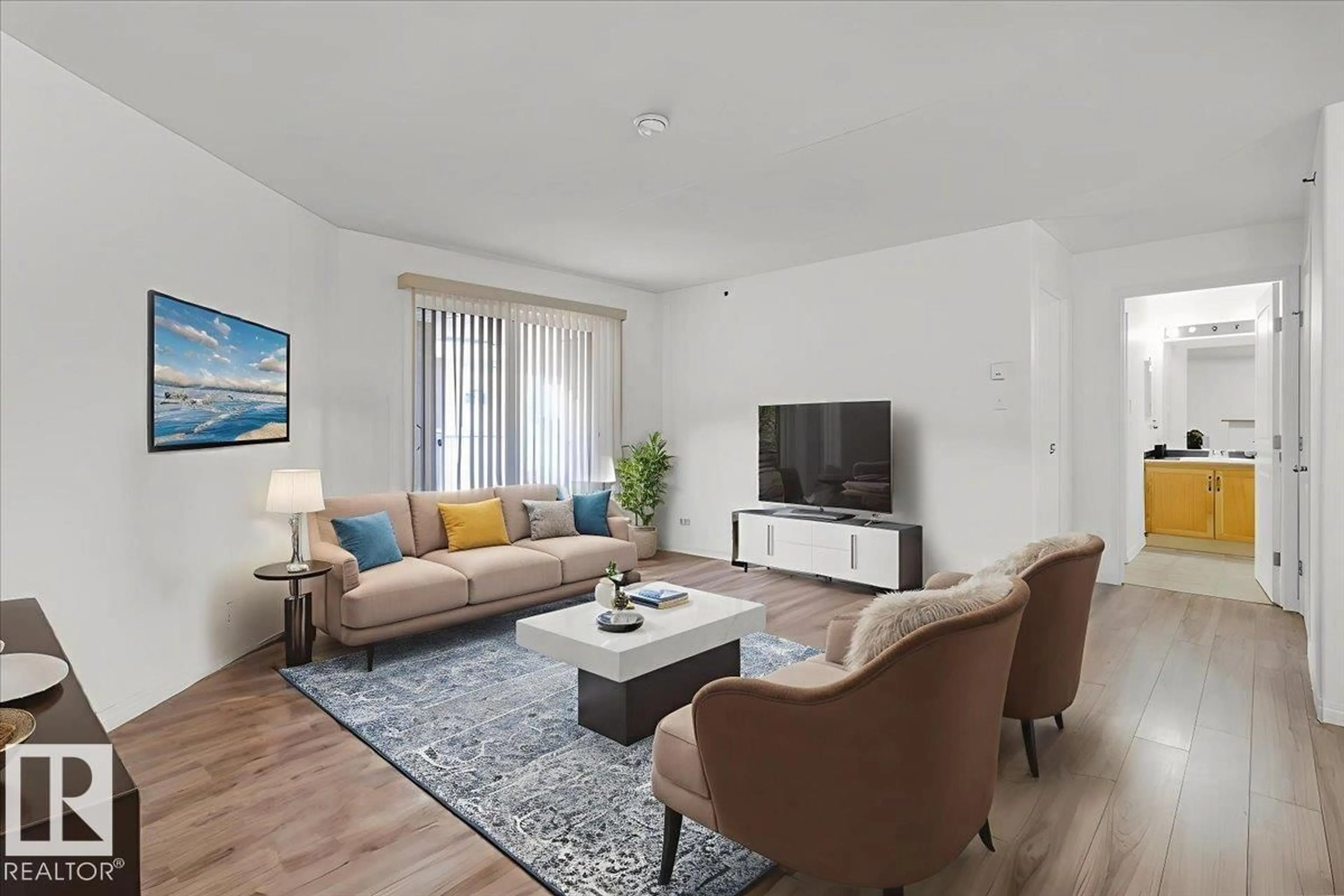 Living room with furniture, wood/laminate floor for #407 - 2305 35A AV, Edmonton Alberta T6T1Z2