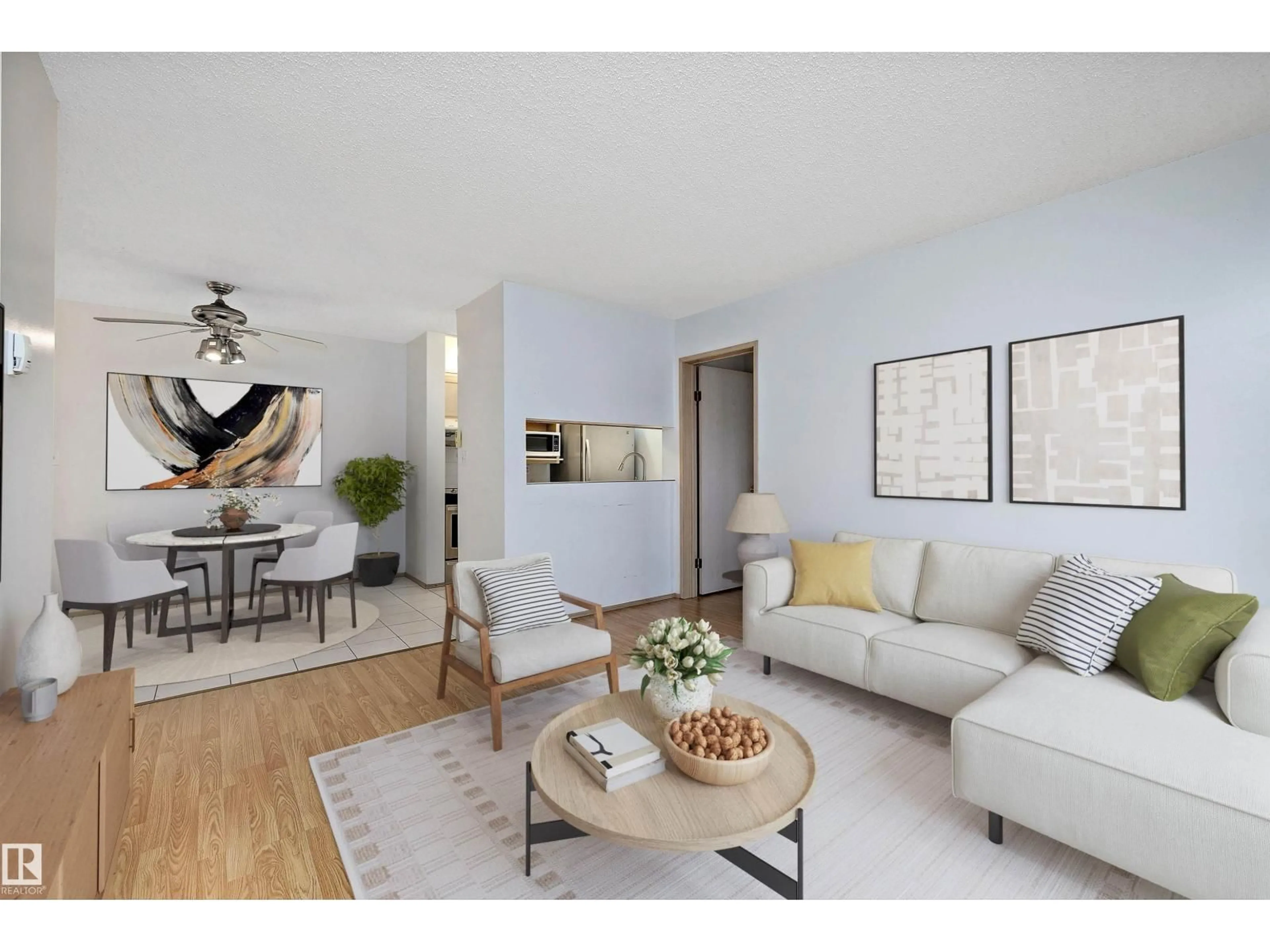 Living room with furniture, wood/laminate floor for 318 - 5005 31 AV, Edmonton Alberta T6L6S6