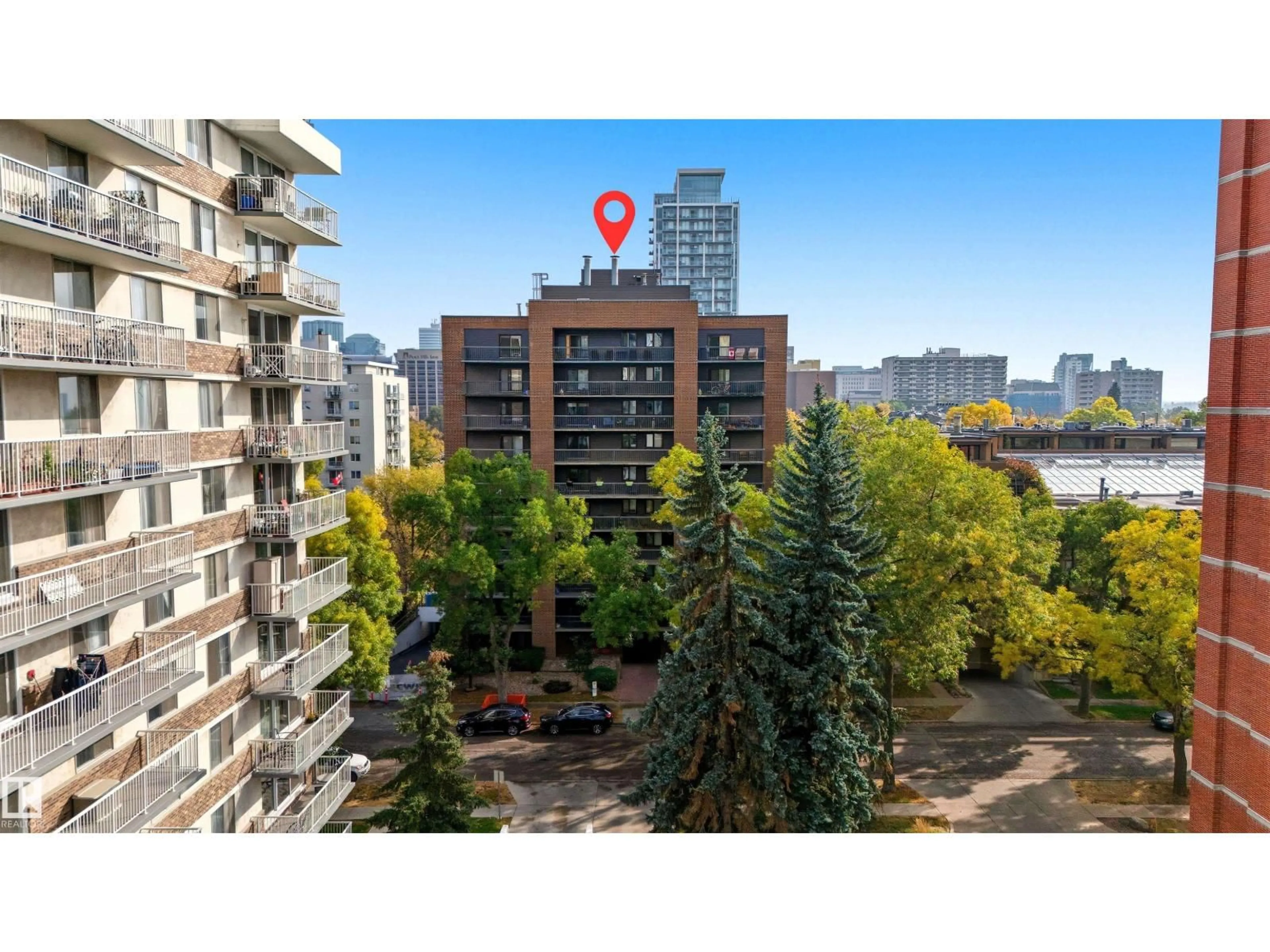 A pic from outside/outdoor area/front of a property/back of a property/a pic from drone, city buildings view from balcony for #602 - 9929 113 ST, Edmonton Alberta T5K2N9