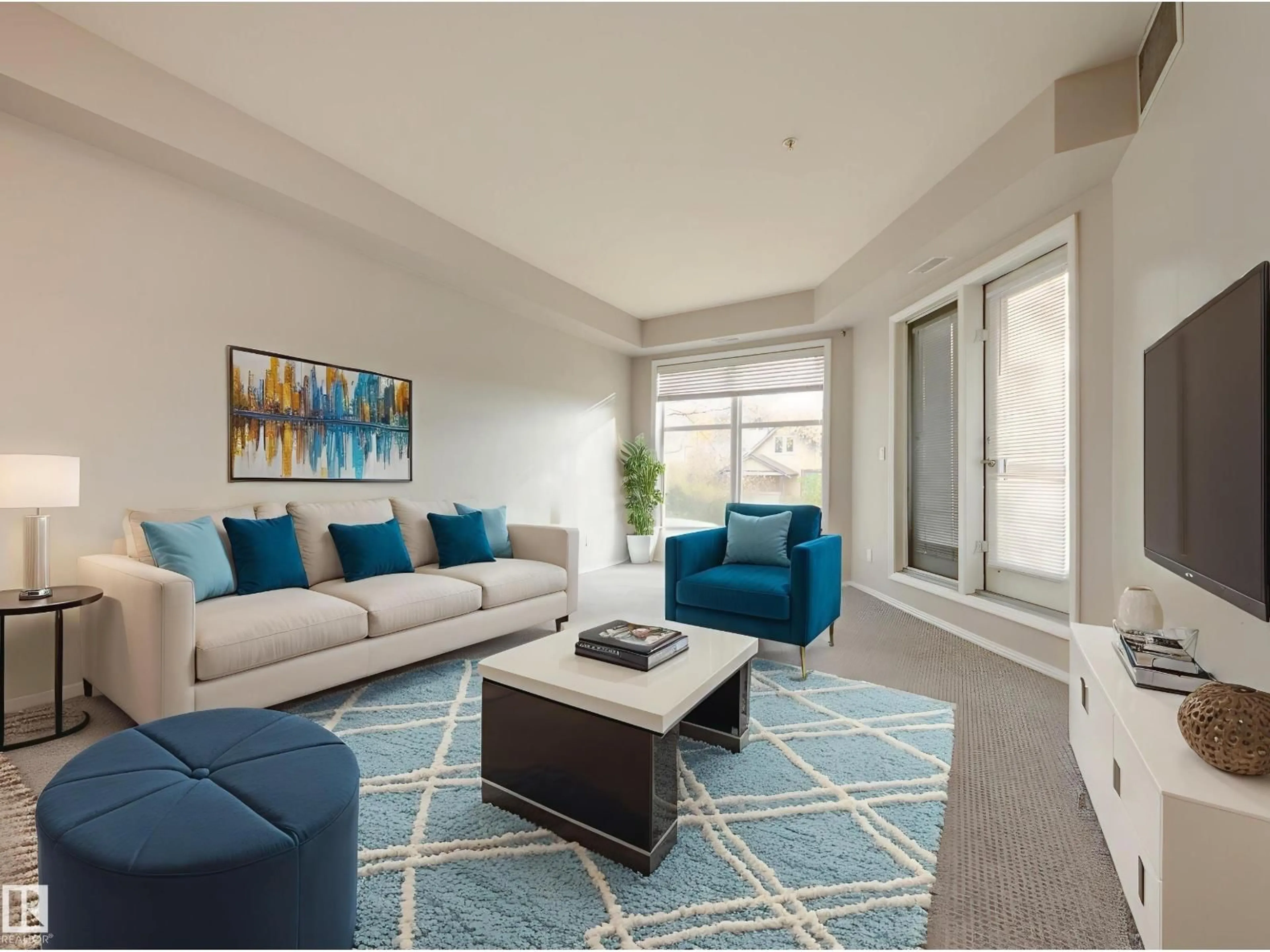 Living room with furniture, carpet floor for 202 - 10503 98 AV, Edmonton Alberta T5K0B2