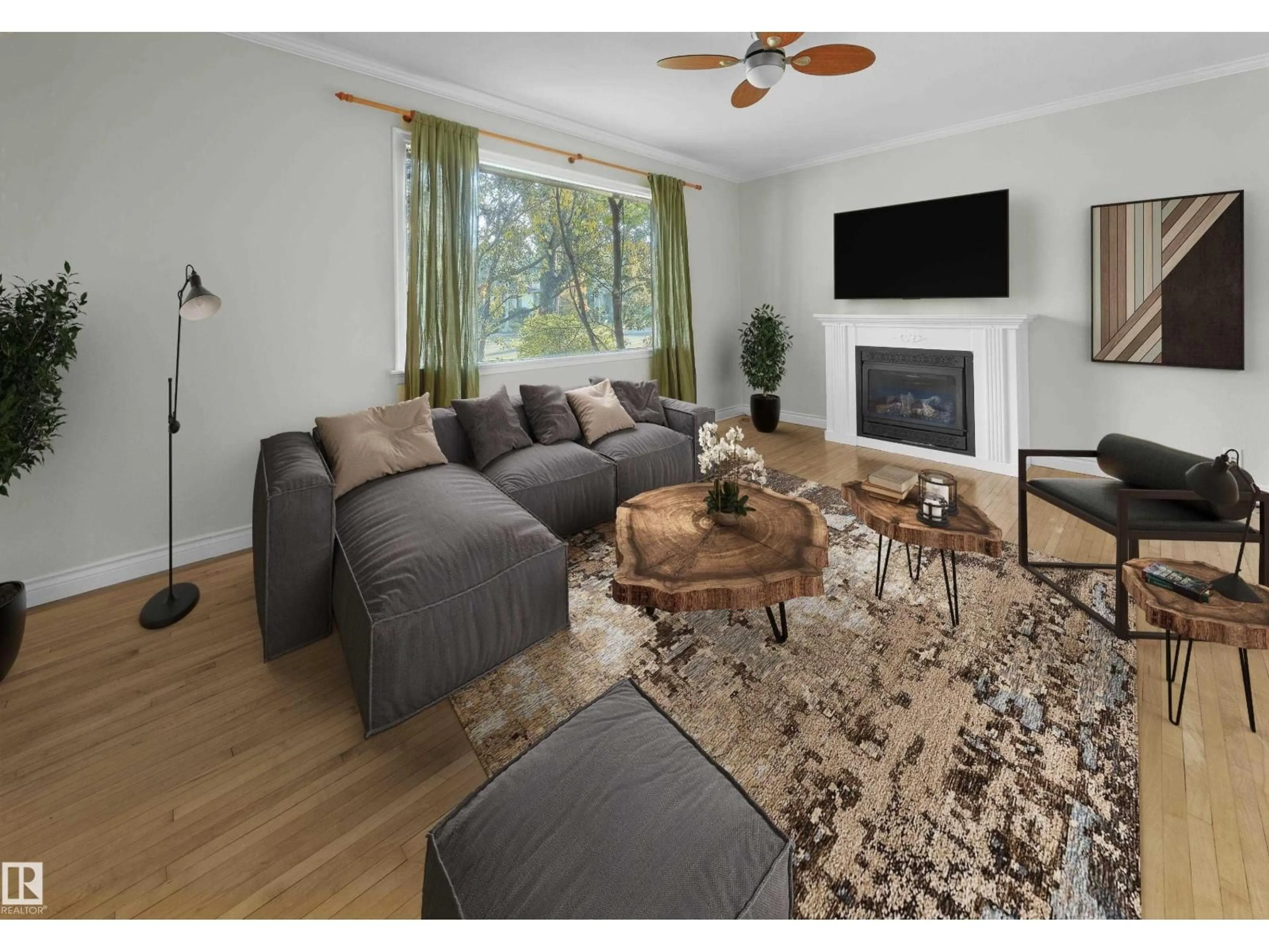 Living room with furniture, wood/laminate floor for 9203 CONNORS RD, Edmonton Alberta T6C4B8