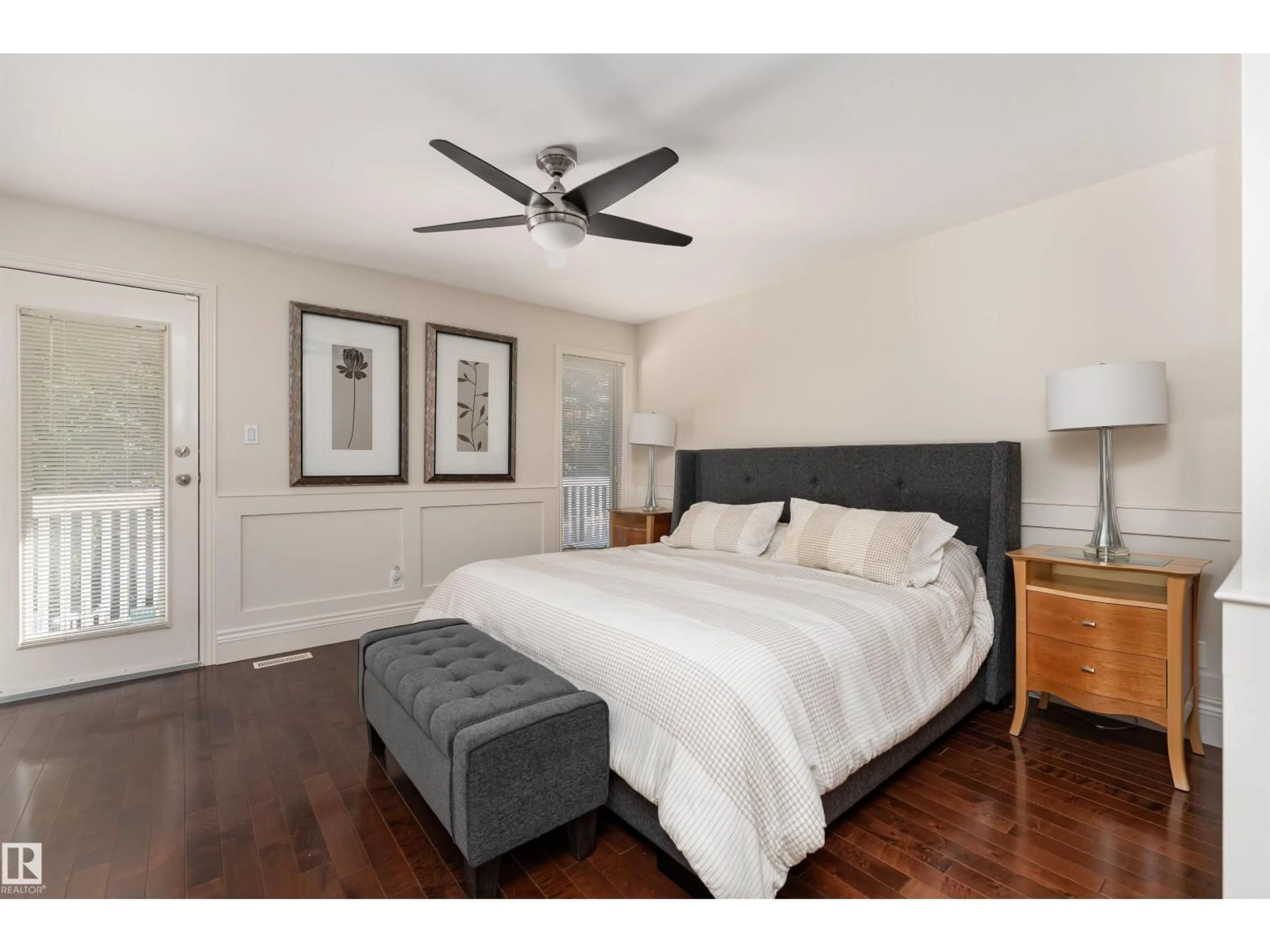 Bedroom with bed, wood/laminate floor for 1 IRONGATE PL, St. Albert Alberta T8N5J7