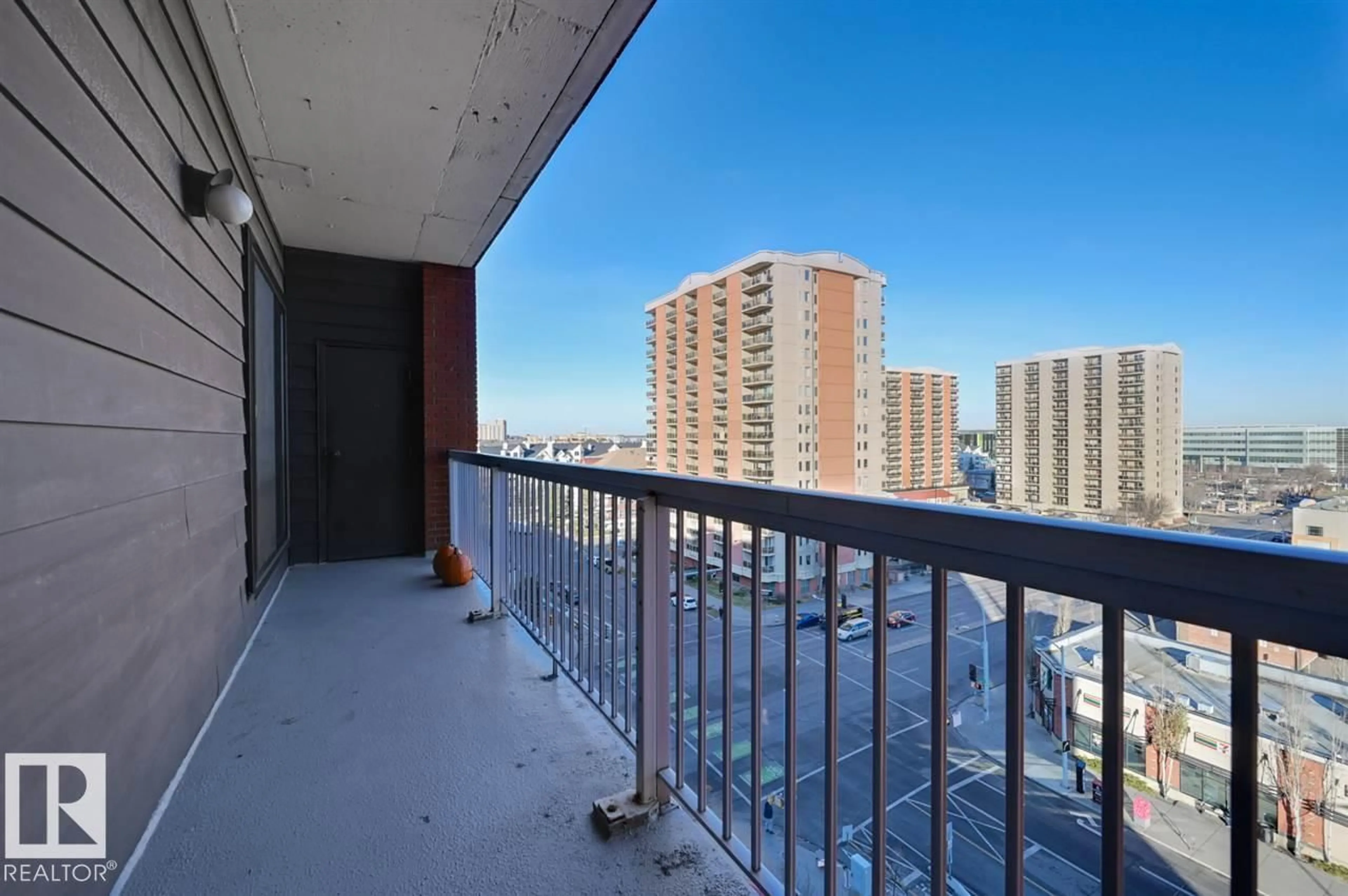 Balcony in the apartment, city buildings view from balcony for 802 - 10175 109 ST, Edmonton Alberta T5J3P2
