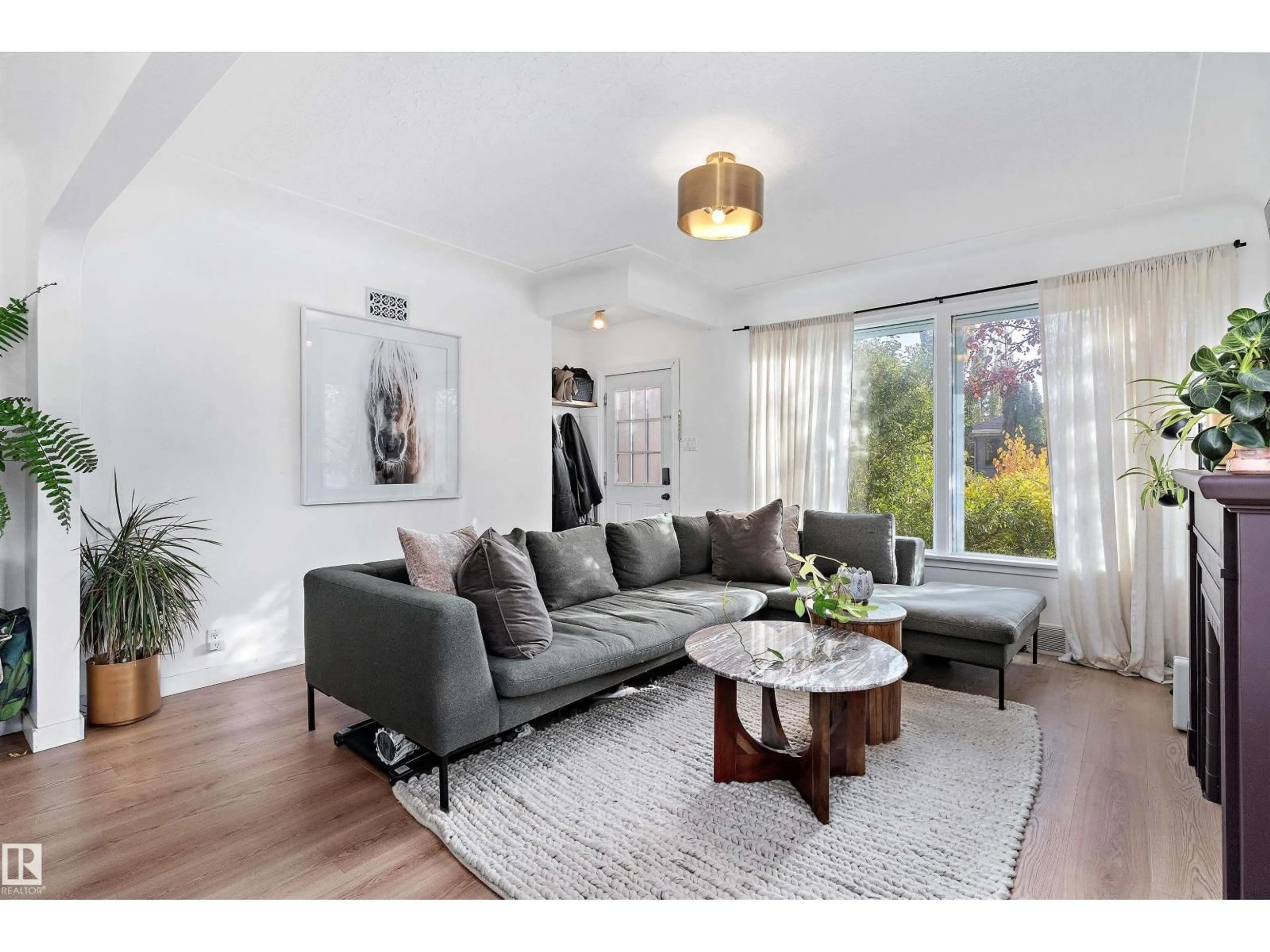 Living room with furniture, wood/laminate floor for 10632 73 AV, Edmonton Alberta T6E1C4