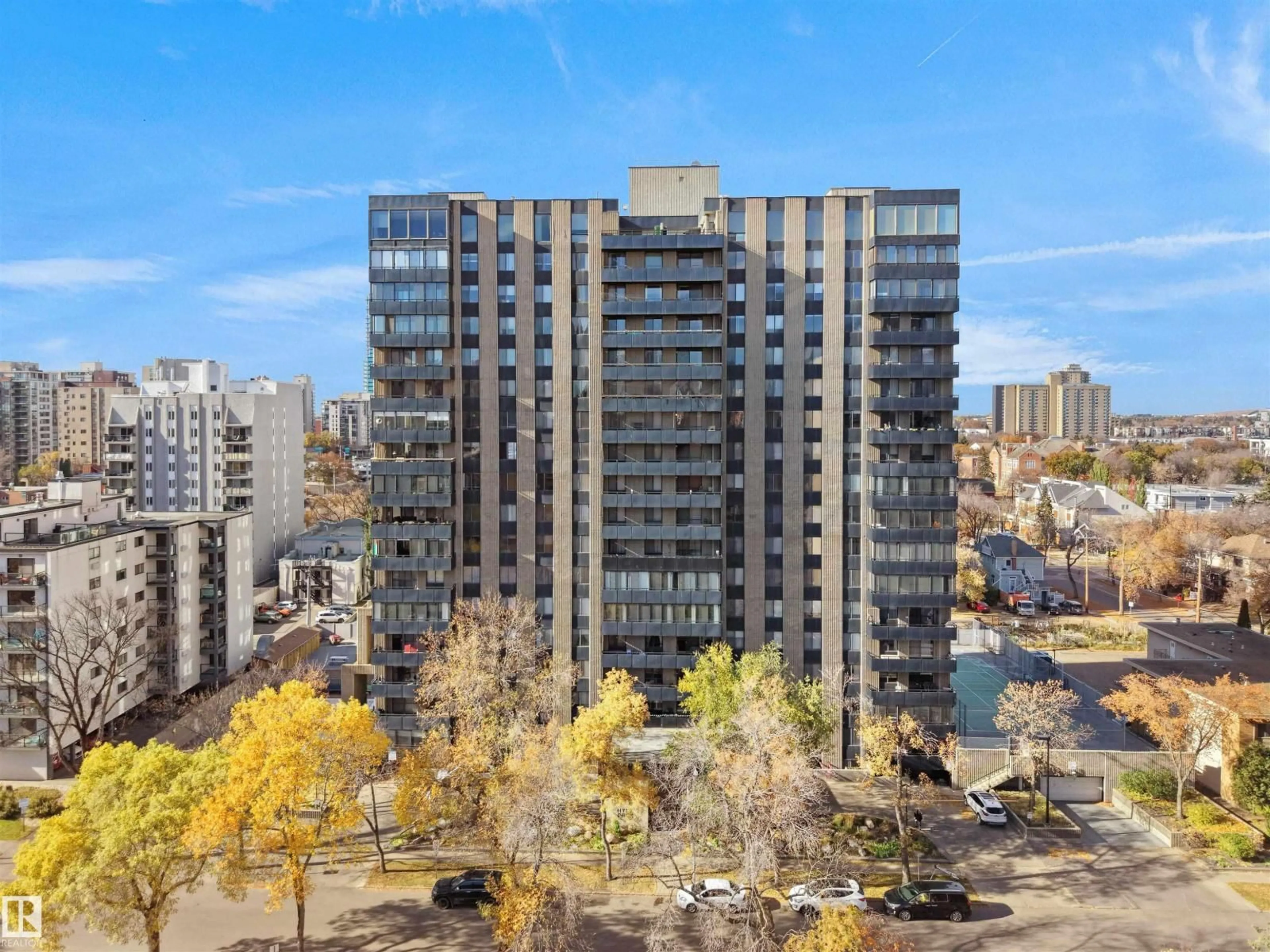 A pic from outside/outdoor area/front of a property/back of a property/a pic from drone, city buildings view from balcony for #201 - 10160 115 ST NW, Edmonton Alberta T5K1T6