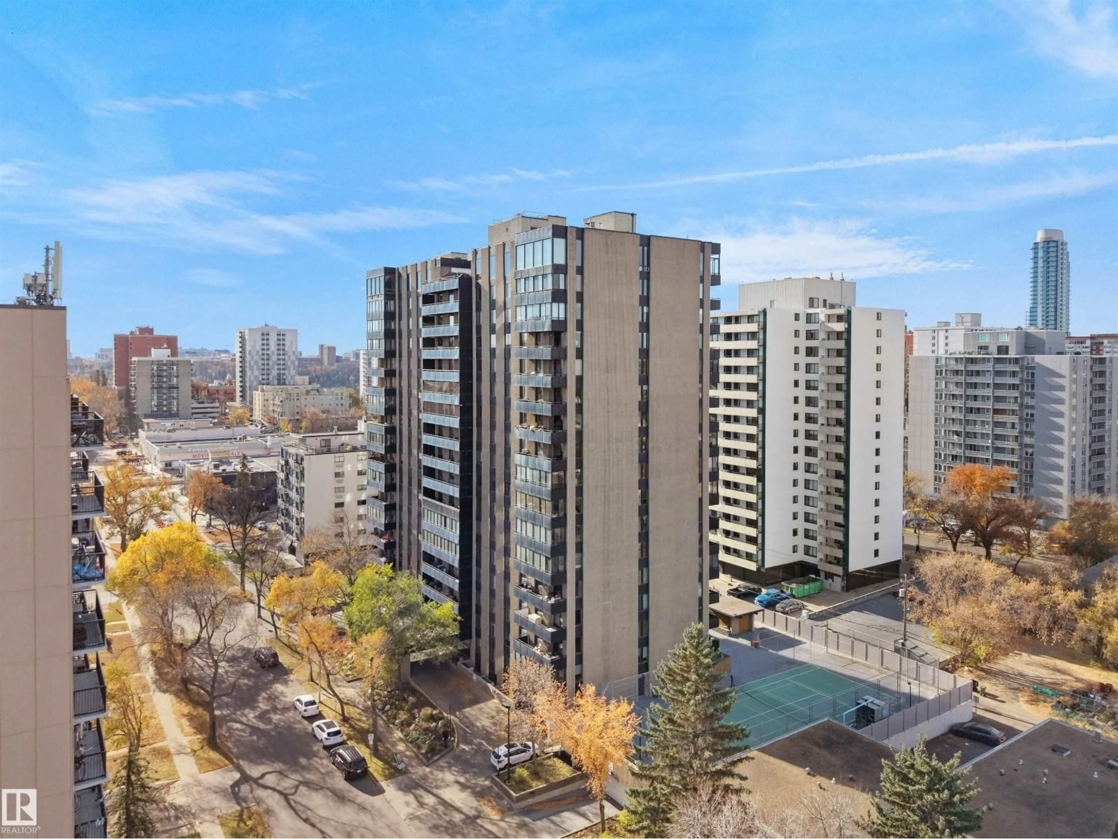 A pic from outside/outdoor area/front of a property/back of a property/a pic from drone, city buildings view from balcony for #201 - 10160 115 ST NW, Edmonton Alberta T5K1T6