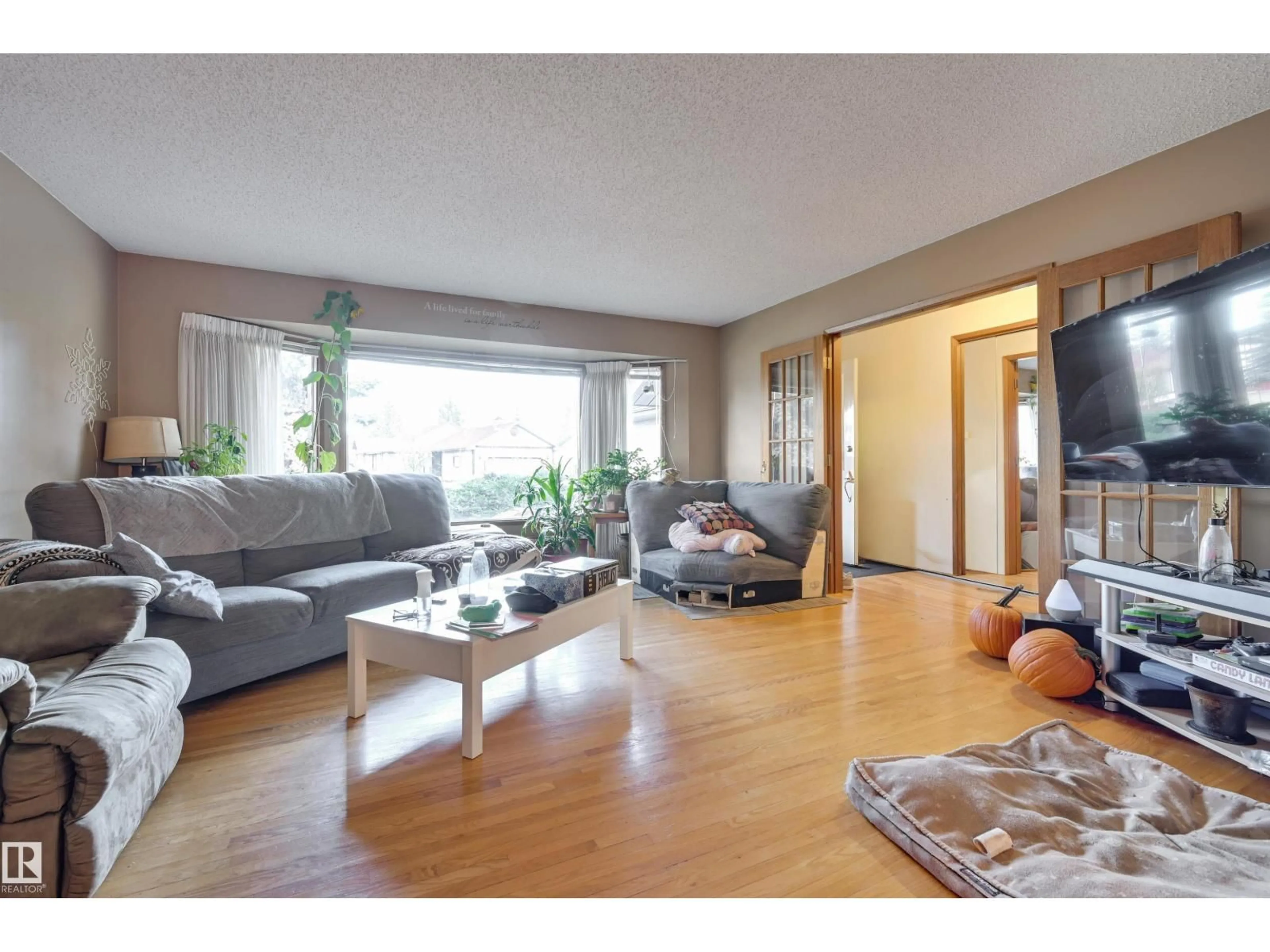 Living room with furniture, wood/laminate floor for NW - 10463 21 AV, Edmonton Alberta T6J5E9