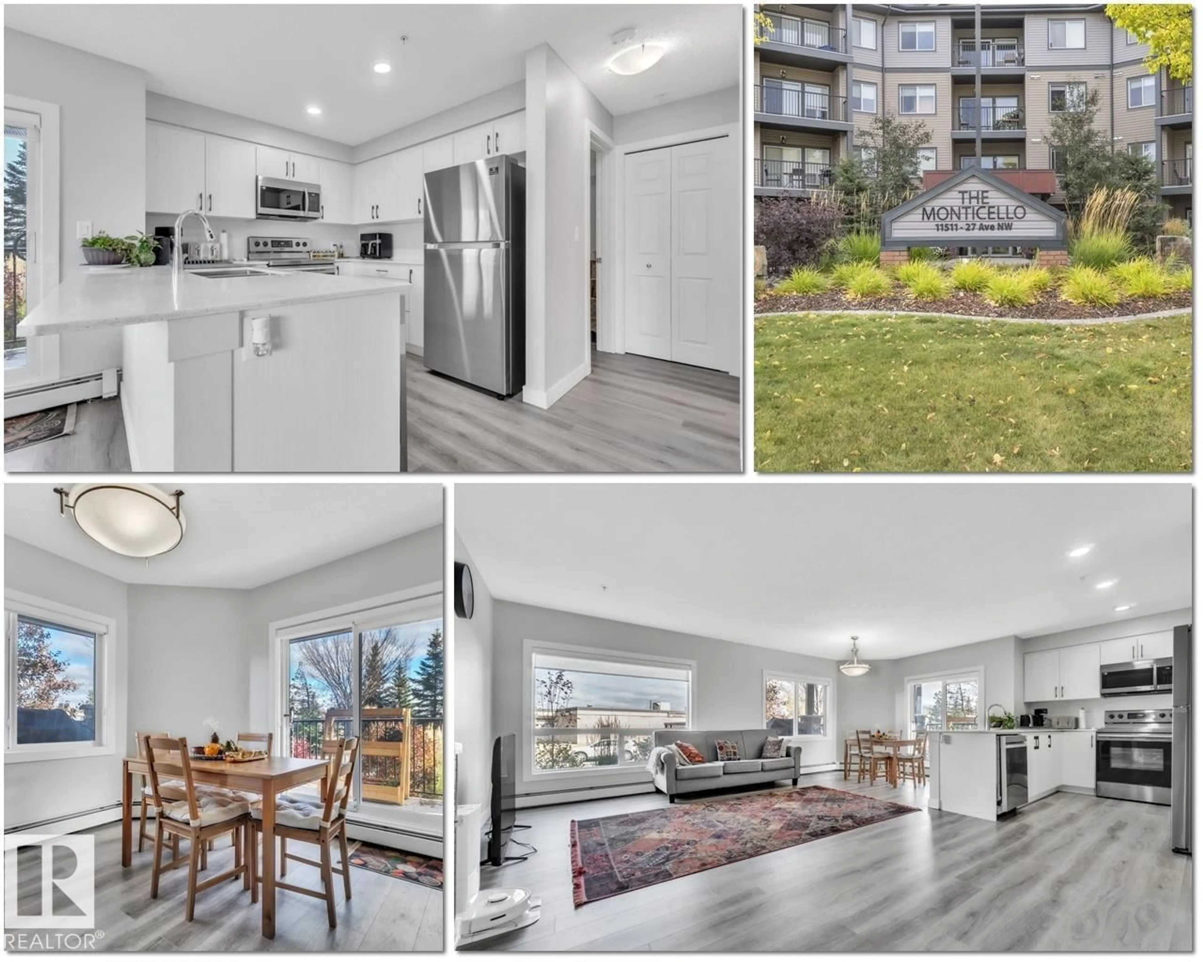 Open concept kitchen, wood/laminate floor for #105 - 11511 27 AV, Edmonton Alberta T6J7J8