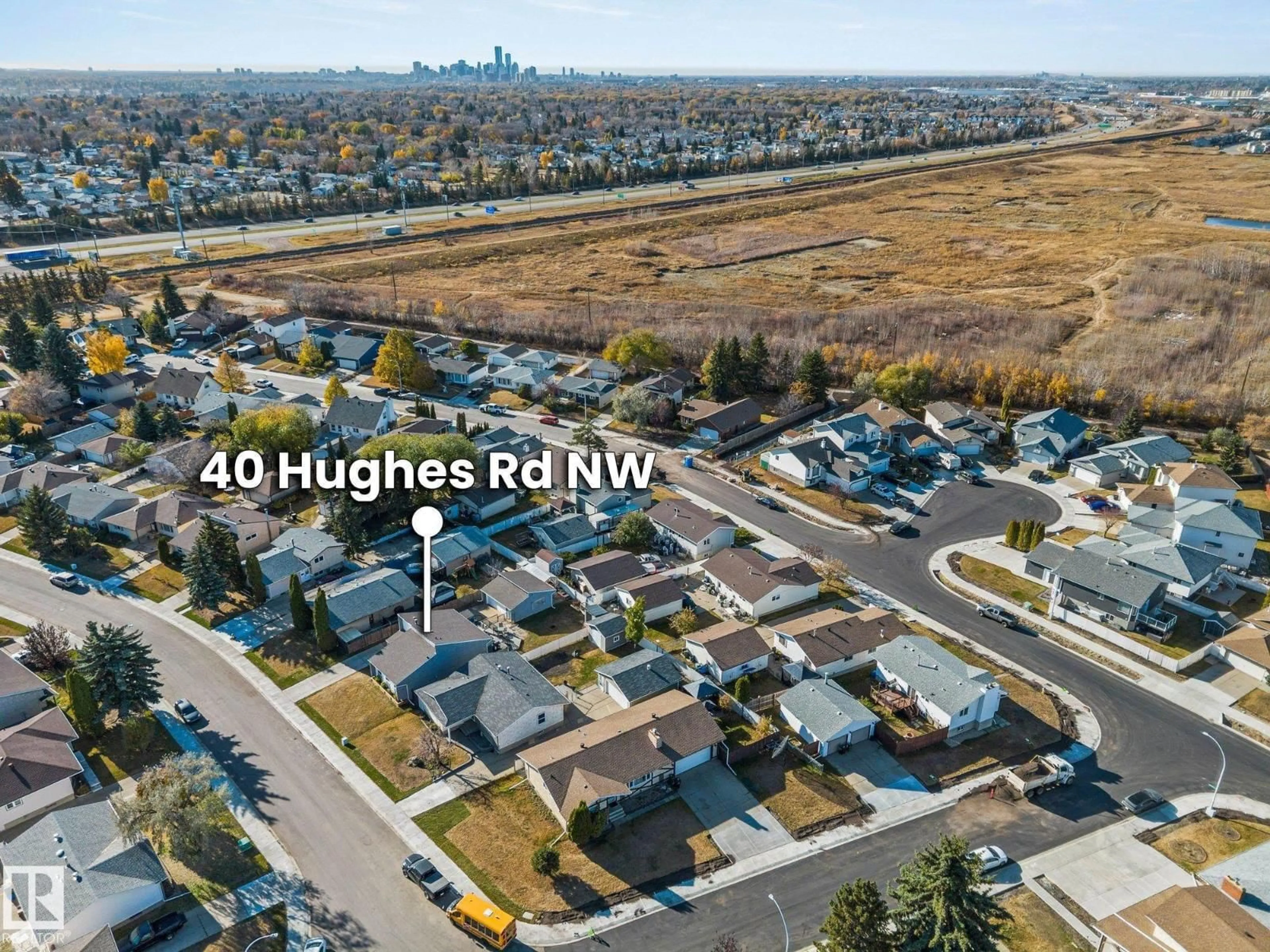 A pic from outside/outdoor area/front of a property/back of a property/a pic from drone, street for 40 HUGHES RD, Edmonton Alberta T5A4E2