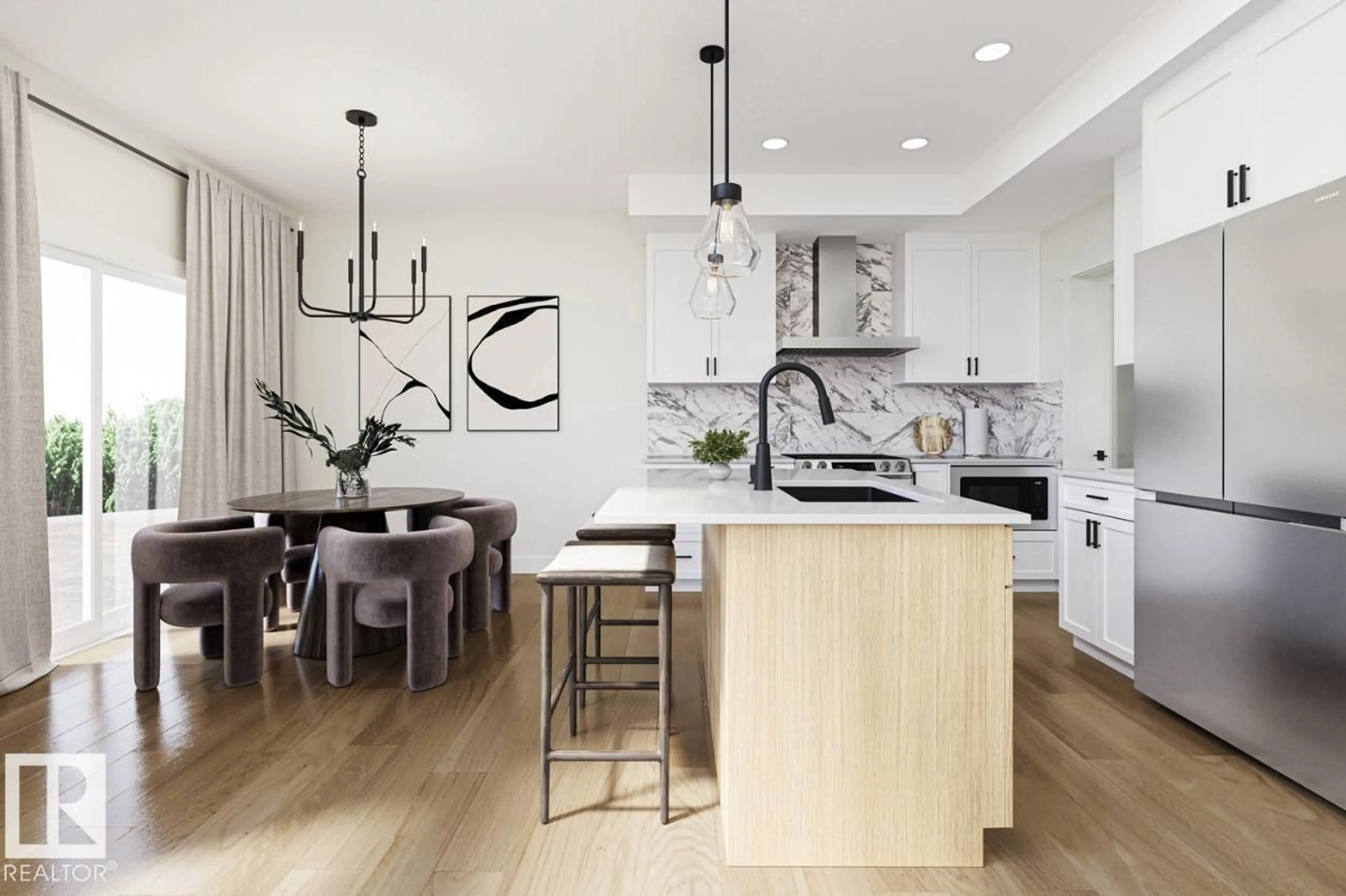 Contemporary kitchen, wood/laminate floor for SW SW - 5033 CAWSEY LI, Edmonton Alberta T6W4B5