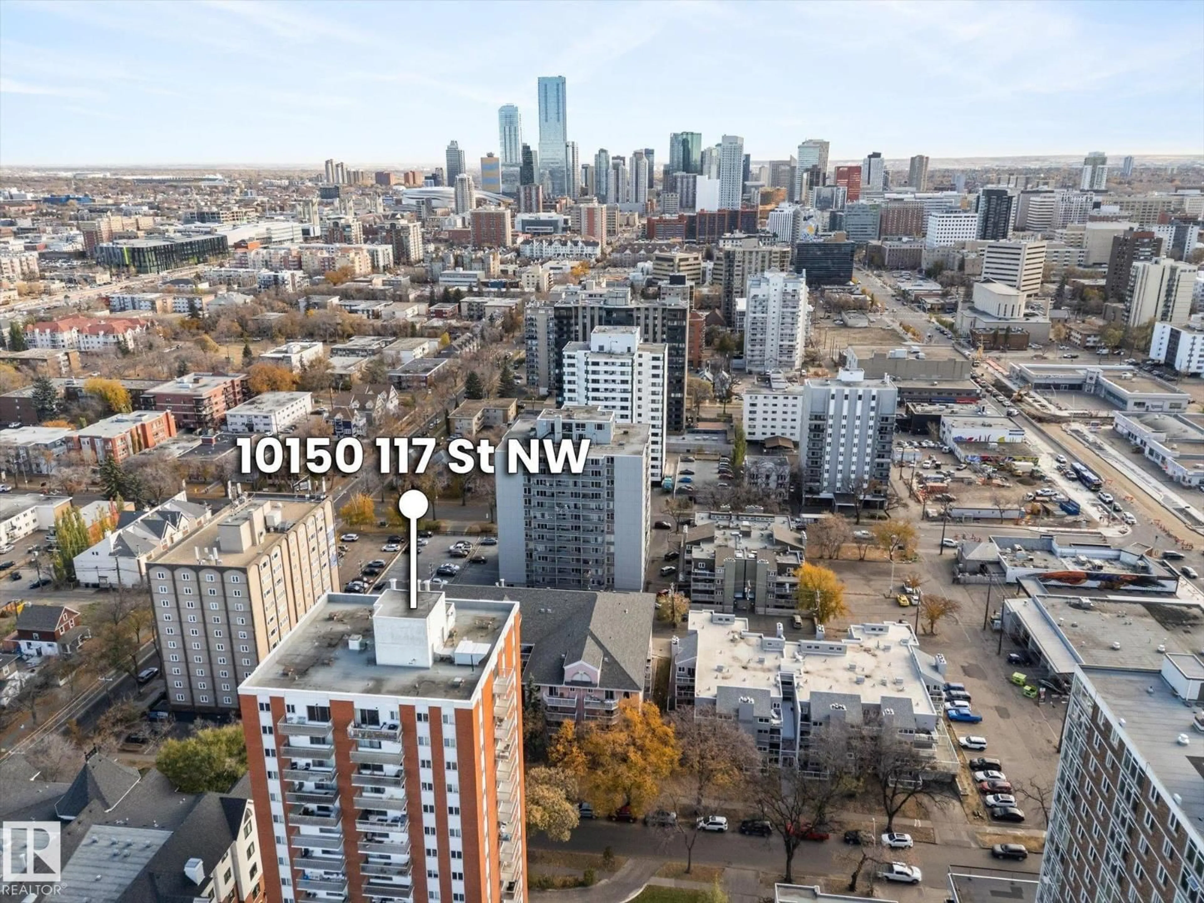 A pic from outside/outdoor area/front of a property/back of a property/a pic from drone, city buildings view from balcony for 10150 - 1203 117 ST NW, Edmonton Alberta T5K2J2