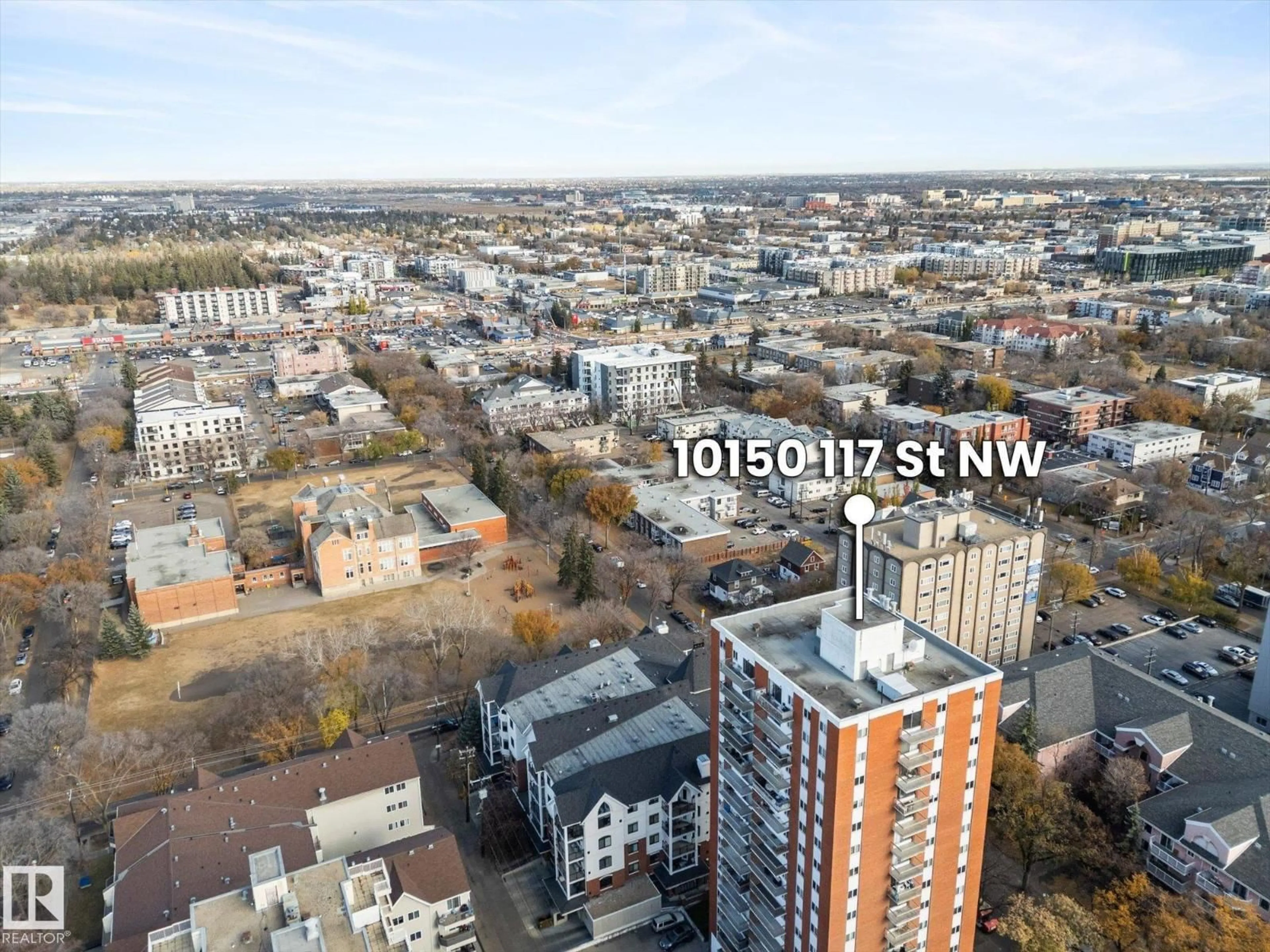 A pic from outside/outdoor area/front of a property/back of a property/a pic from drone, city buildings view from balcony for 10150 - 1203 117 ST NW, Edmonton Alberta T5K2J2