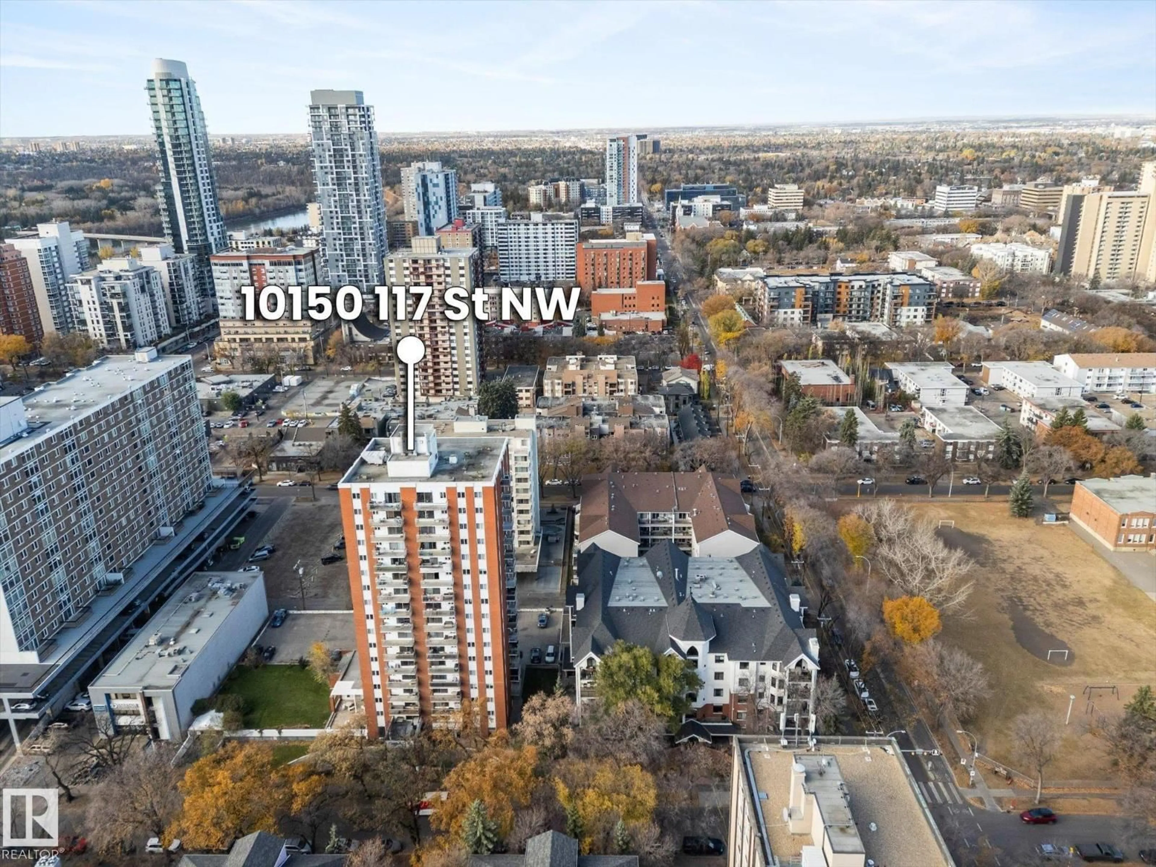 A pic from outside/outdoor area/front of a property/back of a property/a pic from drone, city buildings view from balcony for 10150 - 1203 117 ST NW, Edmonton Alberta T5K2J2