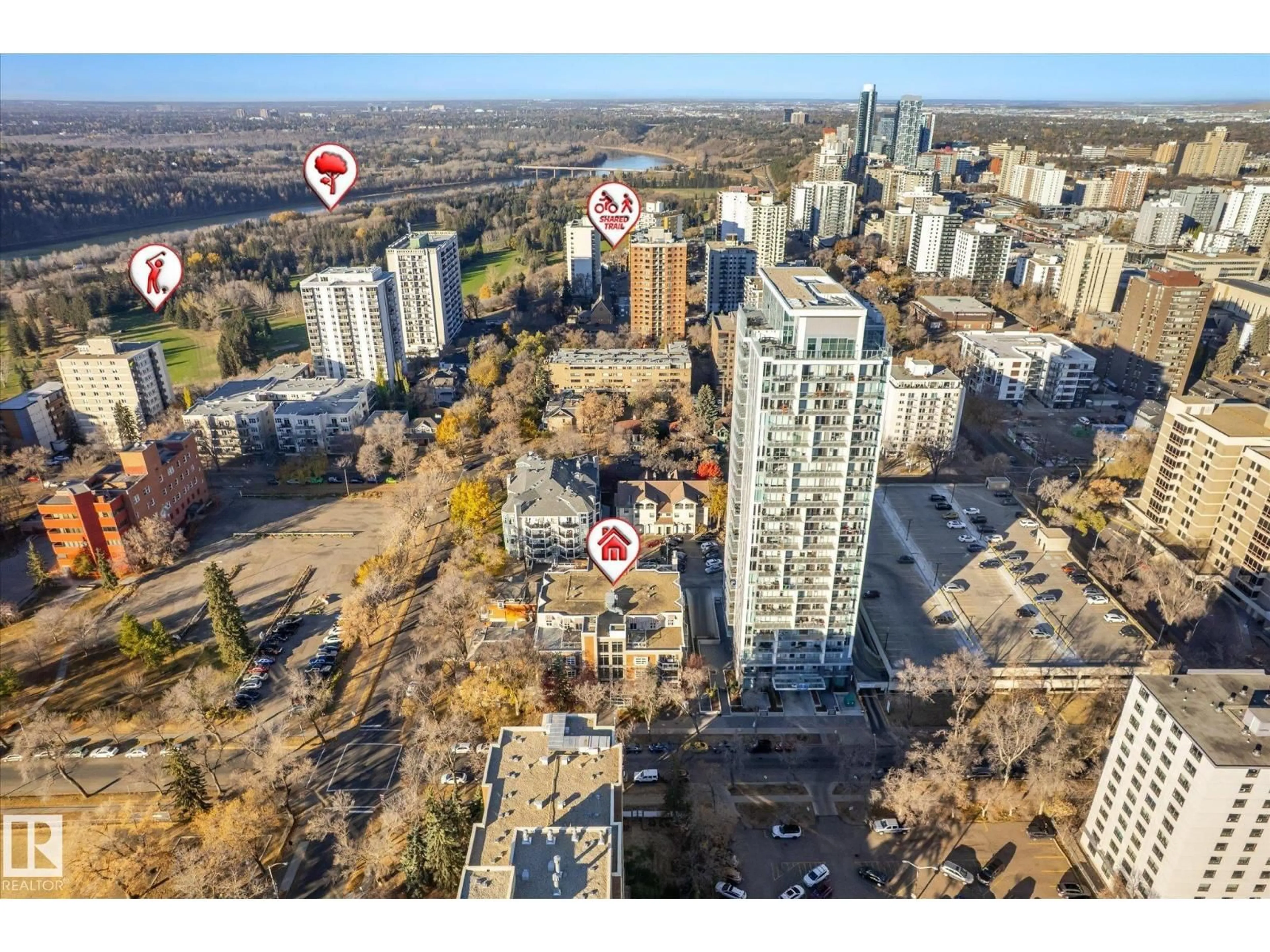 A pic from outside/outdoor area/front of a property/back of a property/a pic from drone, city buildings view from balcony for #303 - 9910 111 ST, Edmonton Alberta T5K1K2