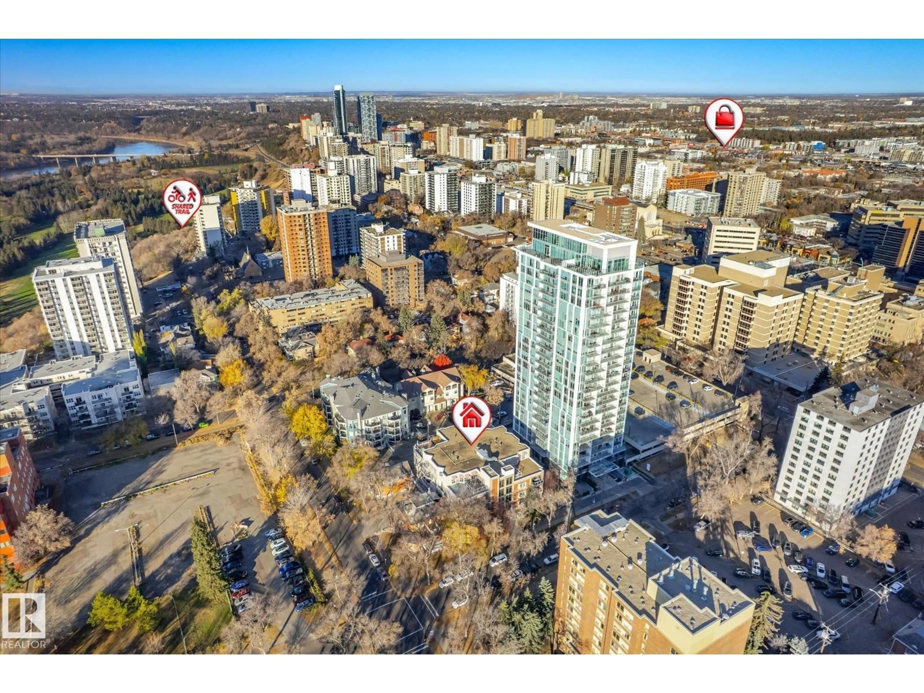 A pic from outside/outdoor area/front of a property/back of a property/a pic from drone, city buildings view from balcony for #303 - 9910 111 ST, Edmonton Alberta T5K1K2