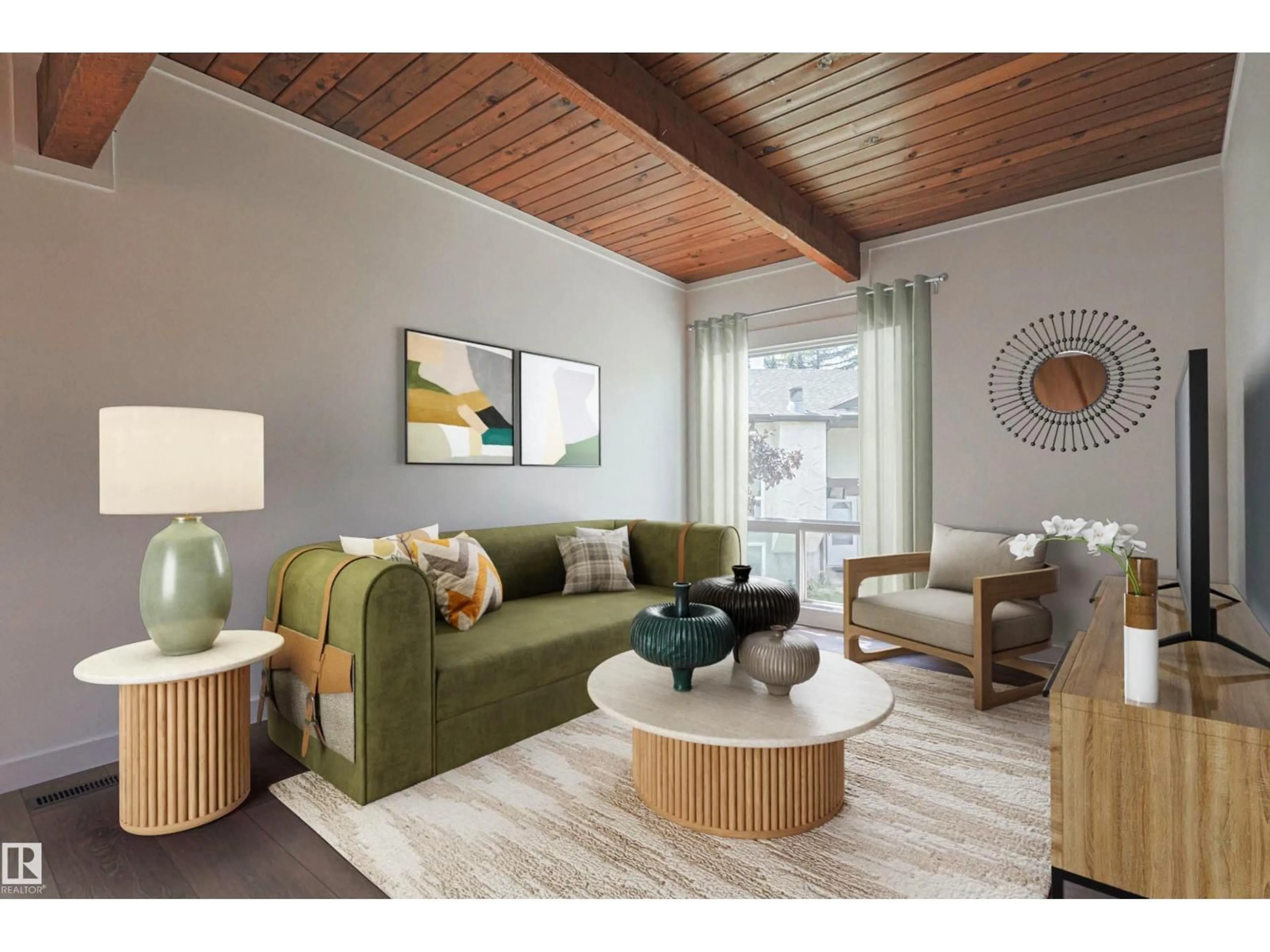 Living room with furniture, wood/laminate floor for 22 NORTHWOODS VG, Edmonton Alberta T5X1T2