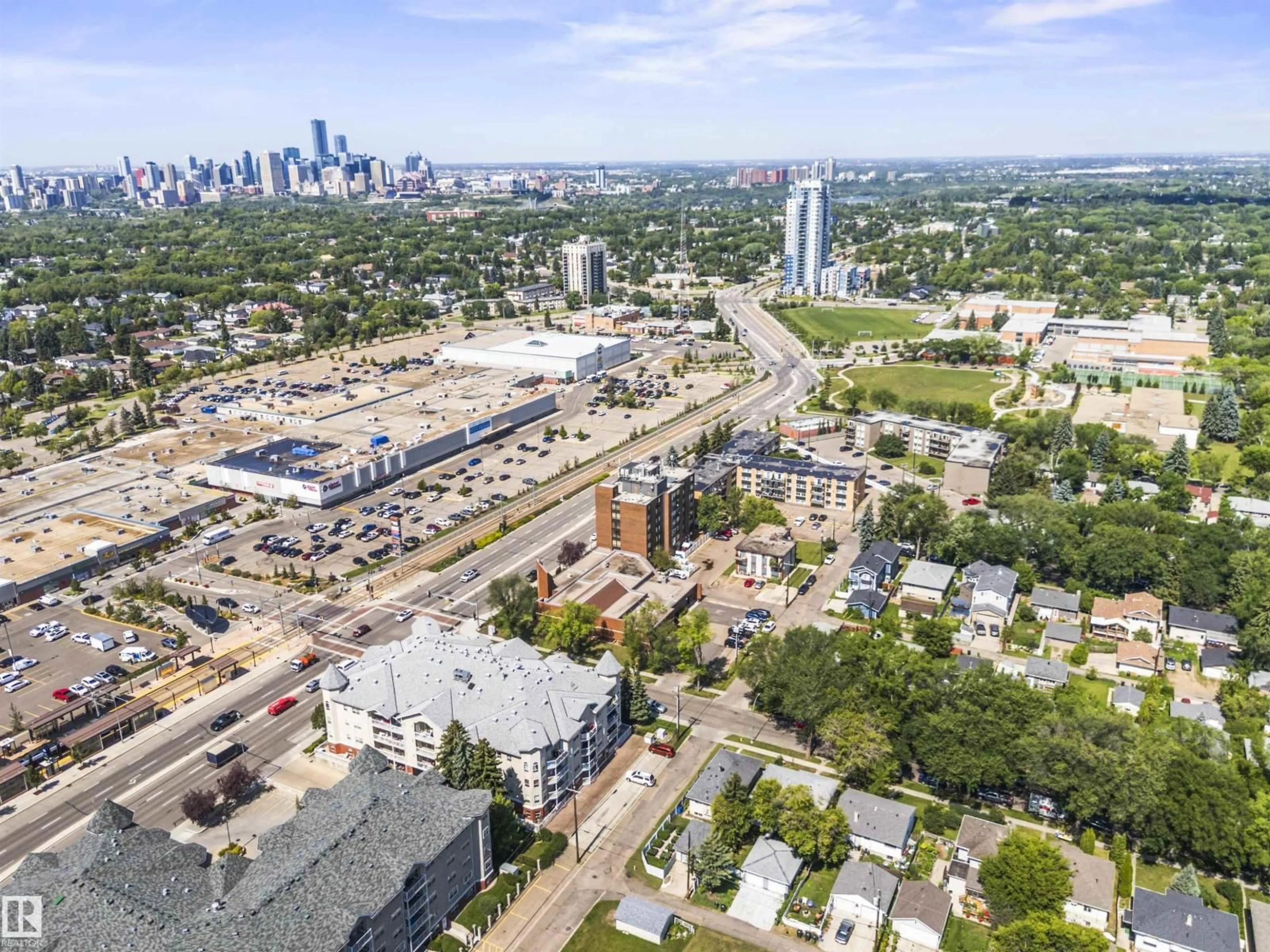 A pic from outside/outdoor area/front of a property/back of a property/a pic from drone, city buildings view from balcony for 8125 84 AV, Edmonton Alberta T6C1C7