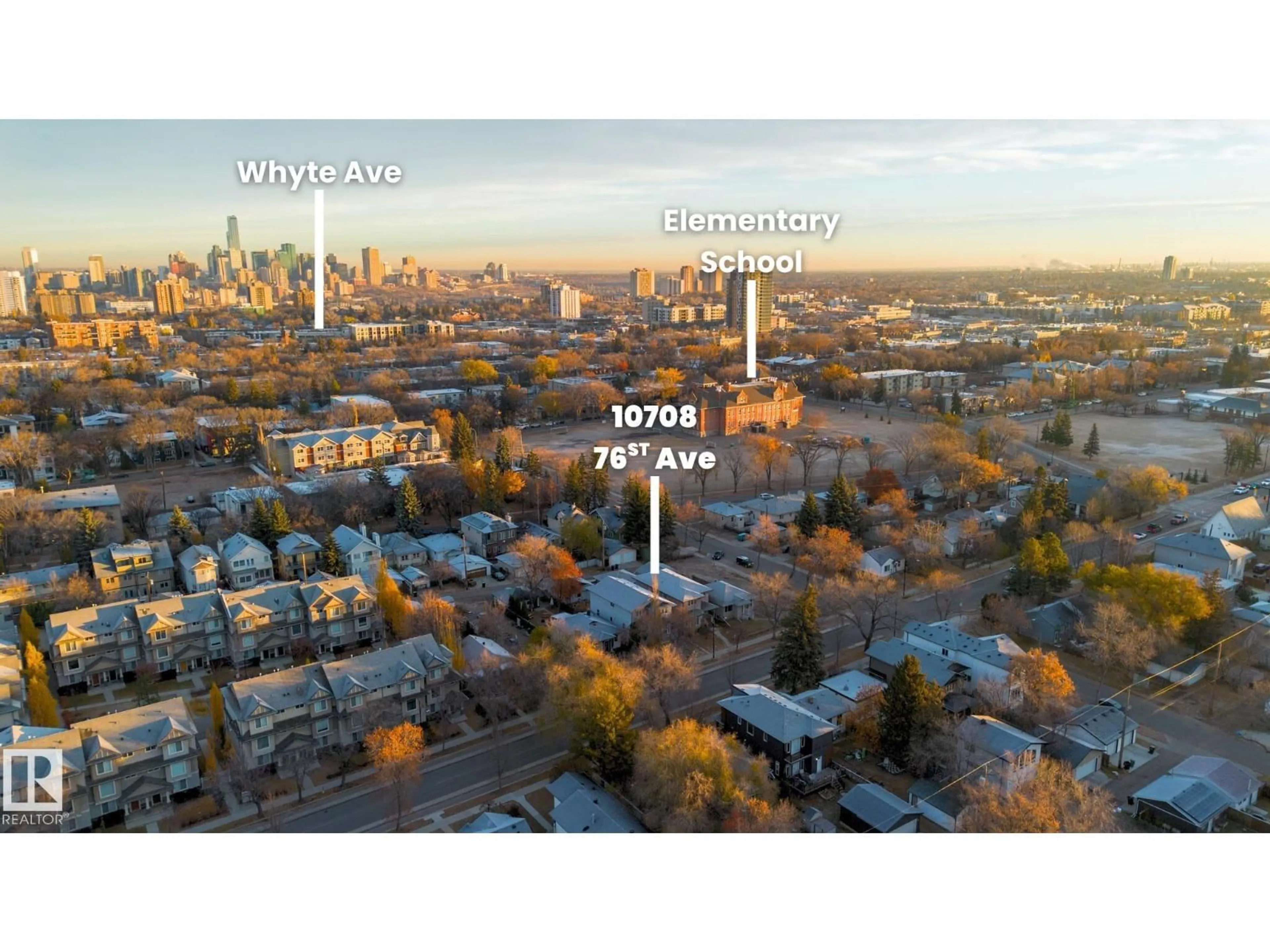 A pic from outside/outdoor area/front of a property/back of a property/a pic from drone, city buildings view from balcony for 10708 76 AV, Edmonton Alberta T6E1L7