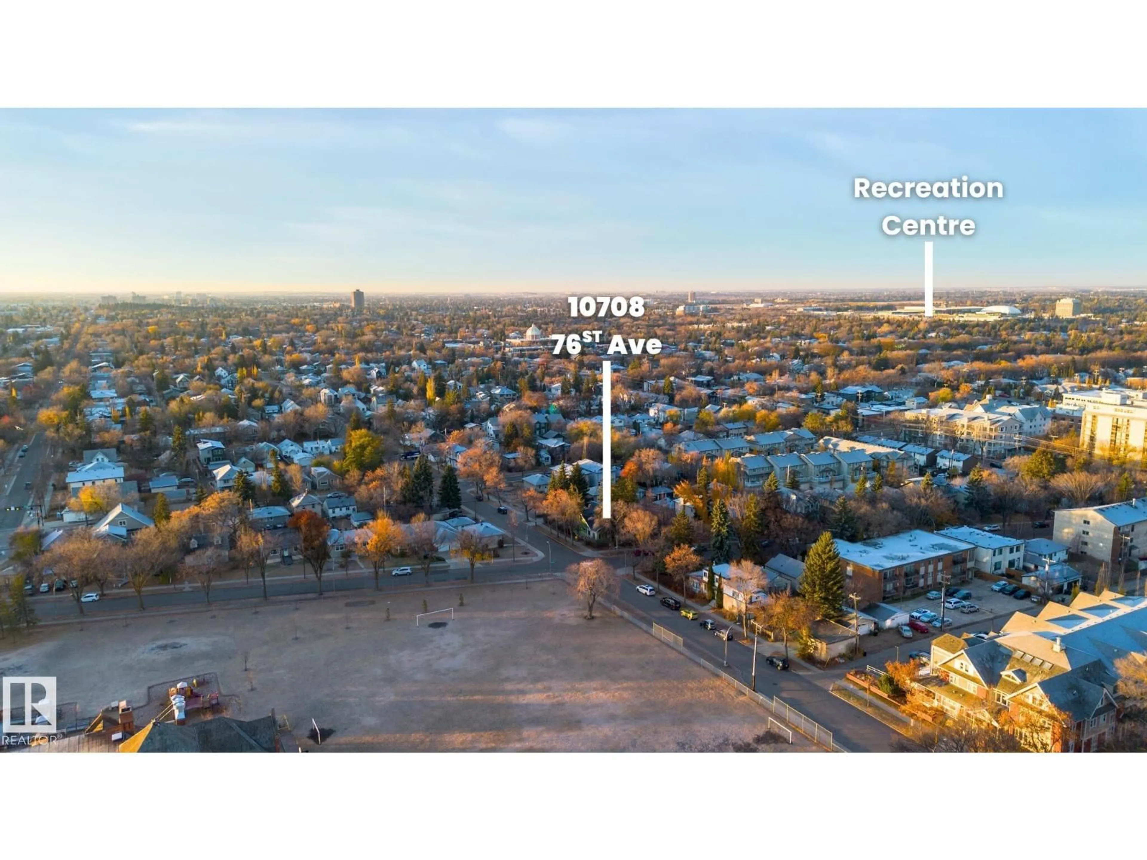 A pic from outside/outdoor area/front of a property/back of a property/a pic from drone, street for 10708 76 AV, Edmonton Alberta T6E1L7