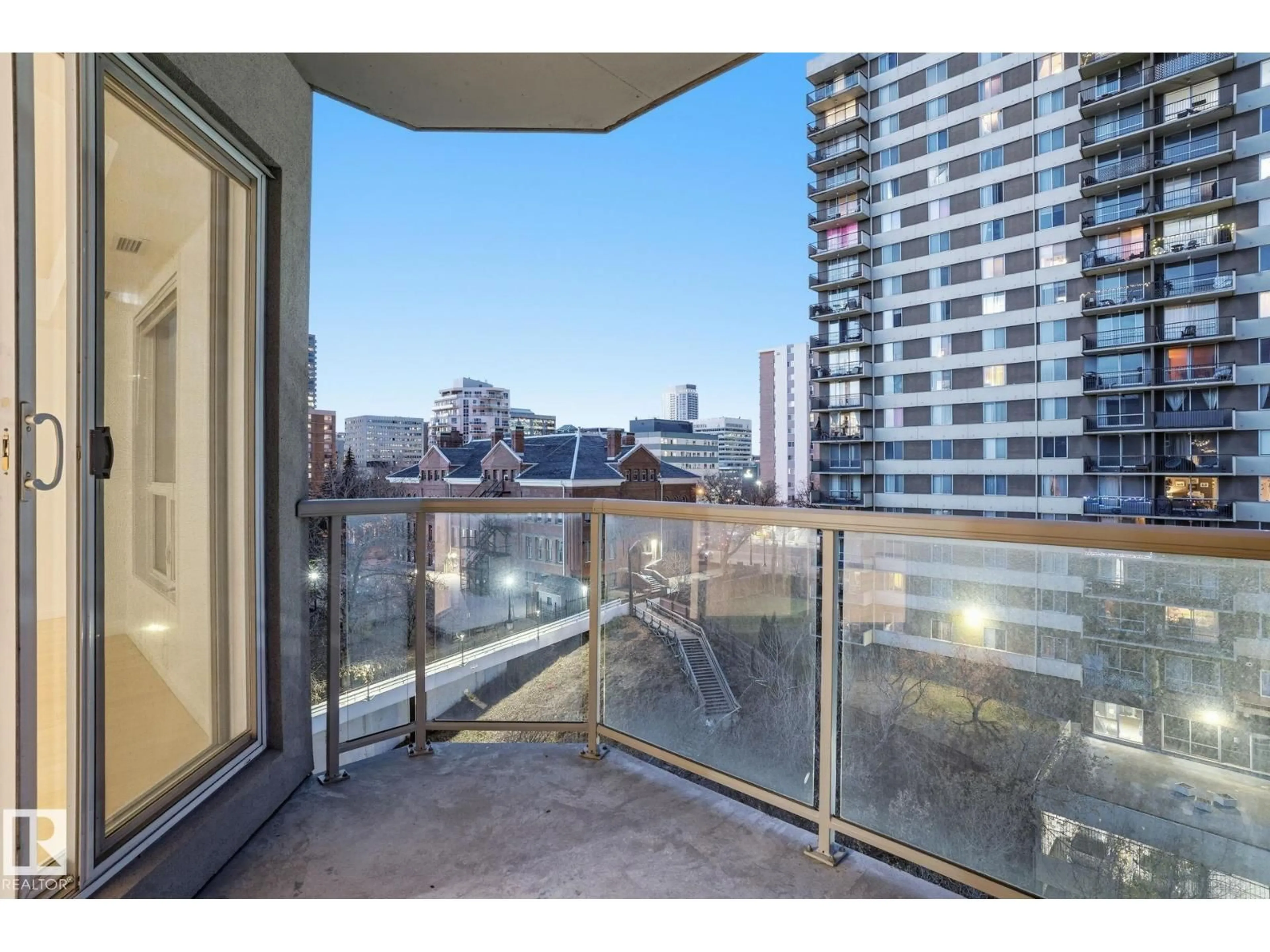 Balcony in the apartment, city buildings view from balcony for 1101 - 9819 104 ST NW, Edmonton Alberta T5K0Y8