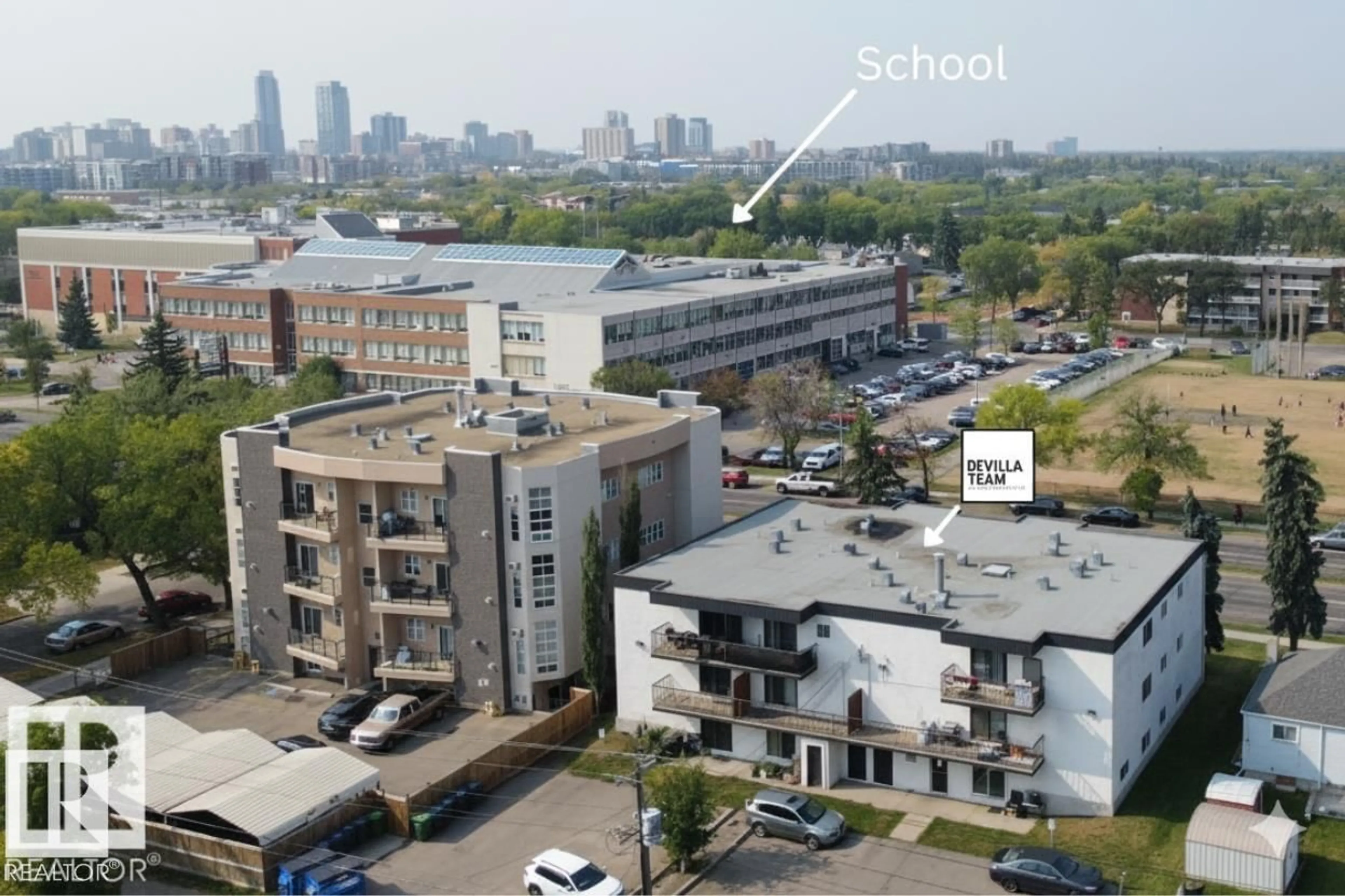 A pic from outside/outdoor area/front of a property/back of a property/a pic from drone, city buildings view from balcony for 205 10917 109 ST NW, Edmonton Alberta T5H3C2