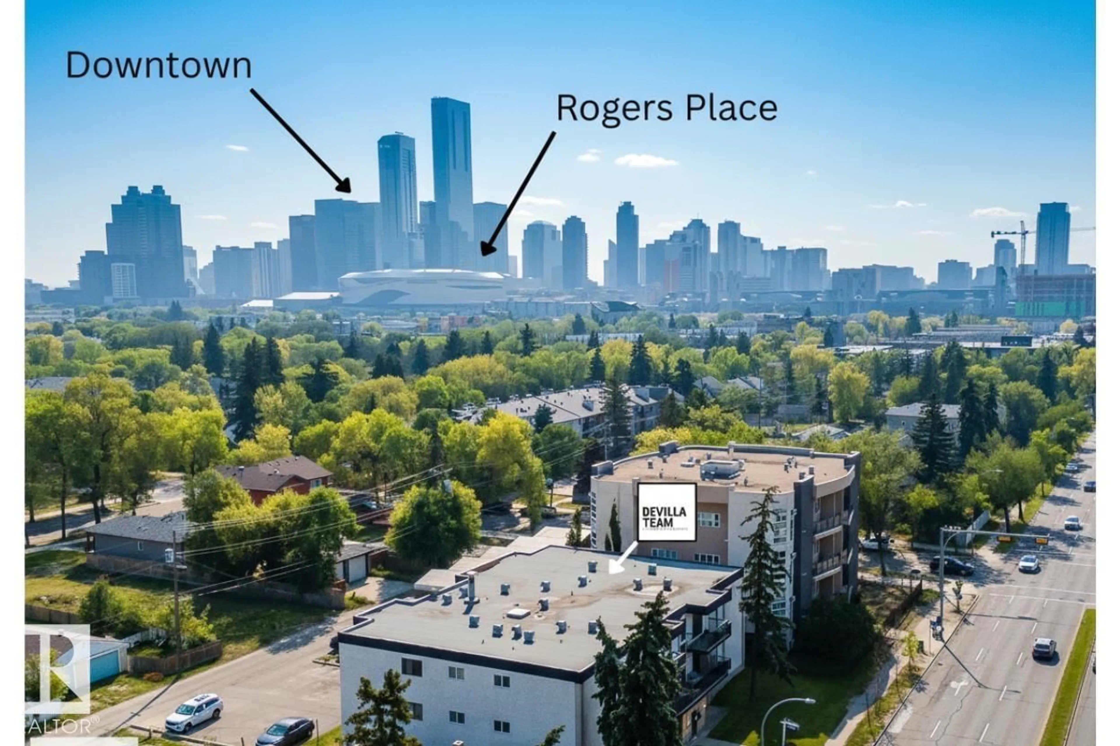 A pic from outside/outdoor area/front of a property/back of a property/a pic from drone, city buildings view from balcony for 205 10917 109 ST NW, Edmonton Alberta T5H3C2