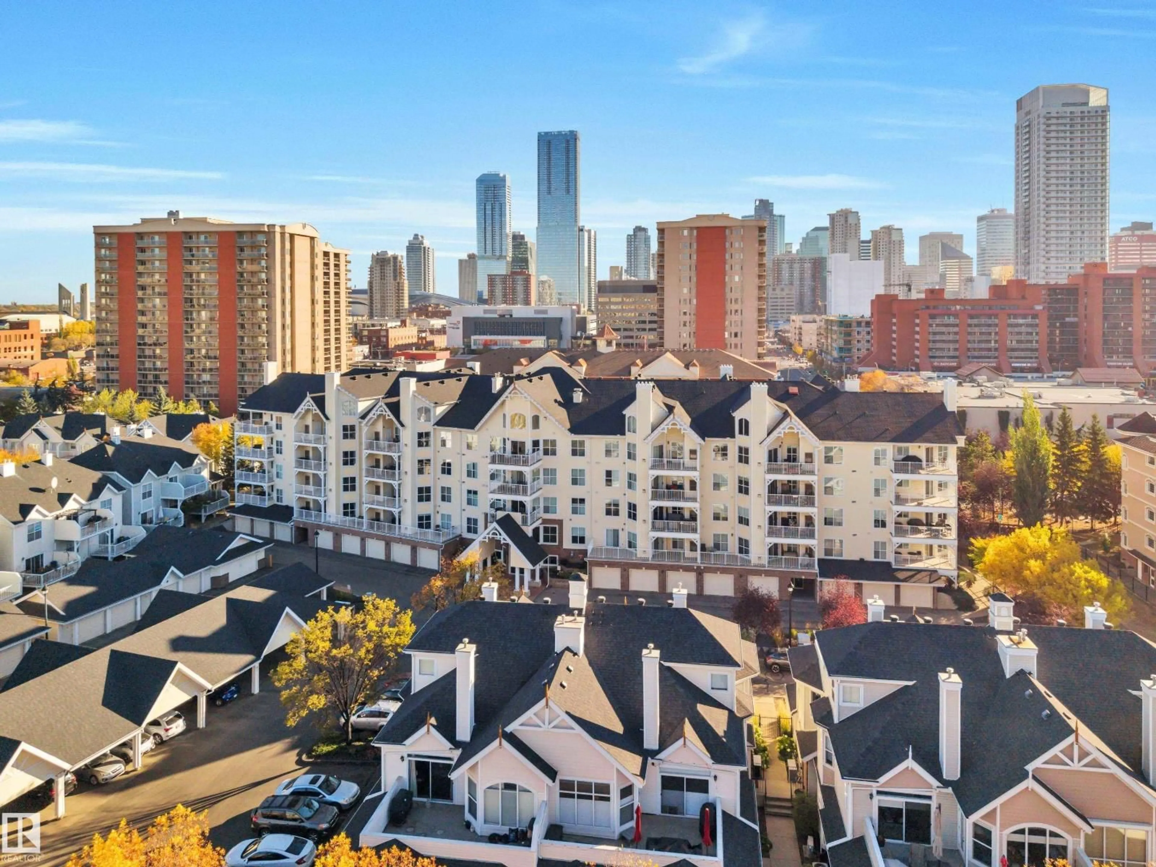 A pic from outside/outdoor area/front of a property/back of a property/a pic from drone, city buildings view from balcony for 305 - 10221 111 ST NW, Edmonton Alberta T5K2W5