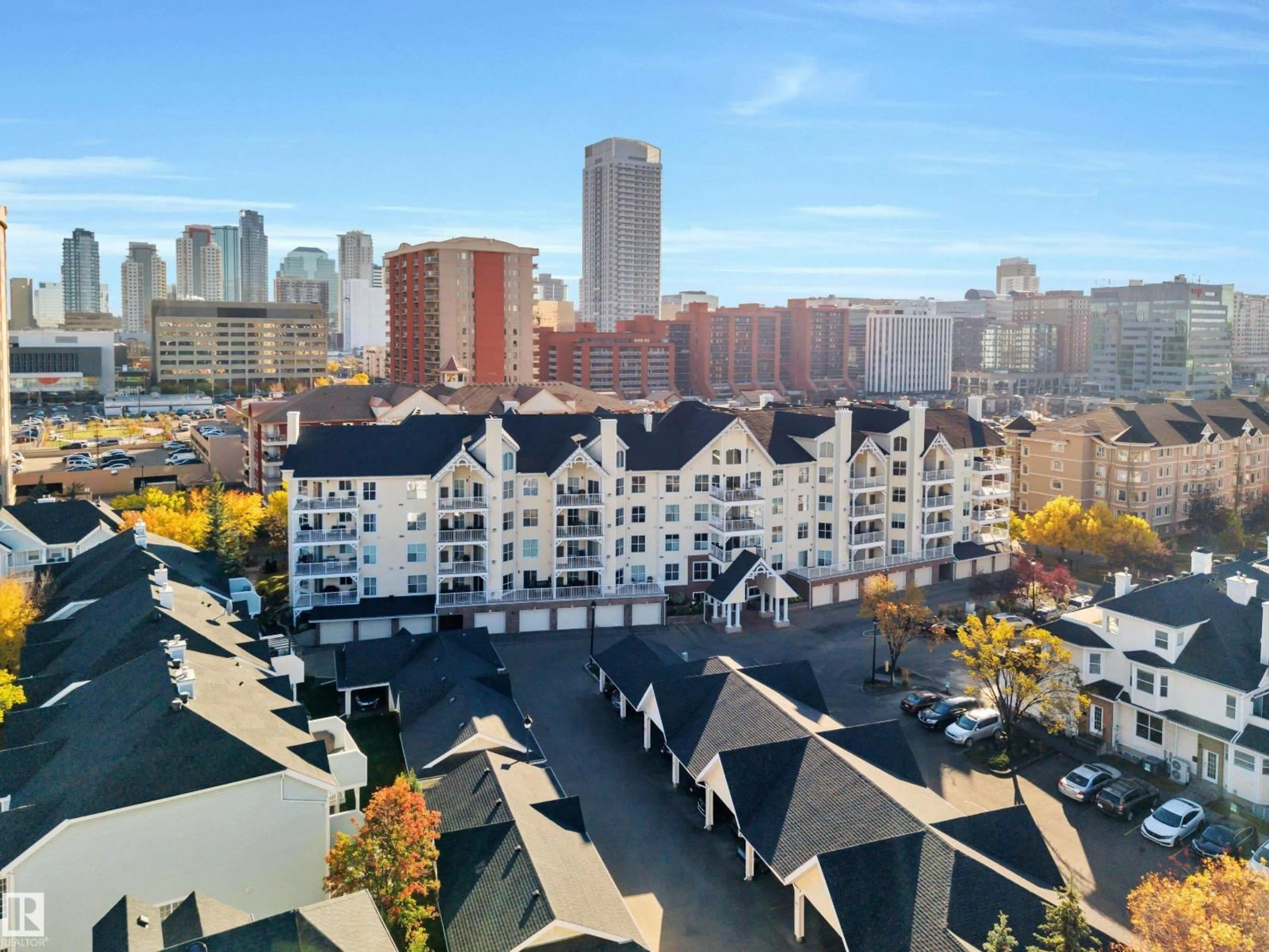 A pic from outside/outdoor area/front of a property/back of a property/a pic from drone, city buildings view from balcony for 305 - 10221 111 ST NW, Edmonton Alberta T5K2W5