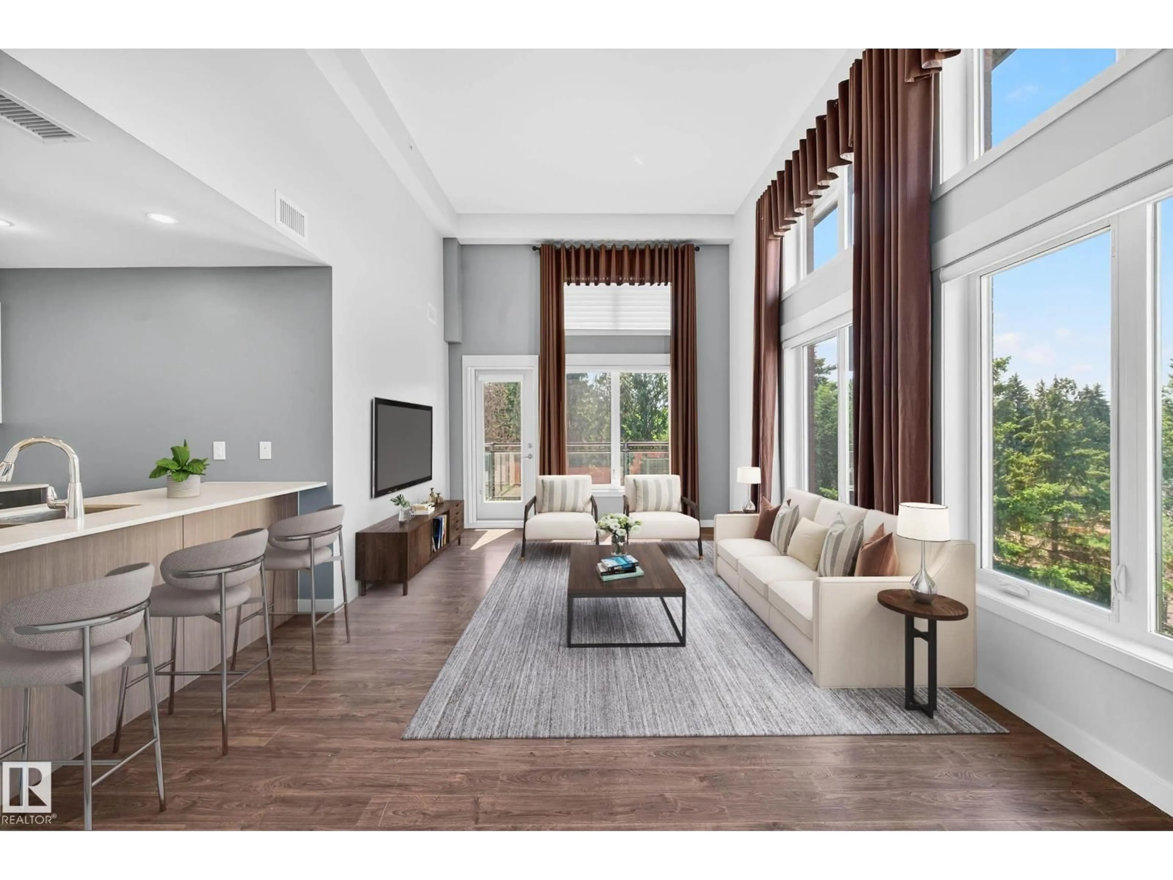 Living room with furniture, wood/laminate floor for 513 5 ST LOUIS ST, St. Albert Alberta T8N7T2